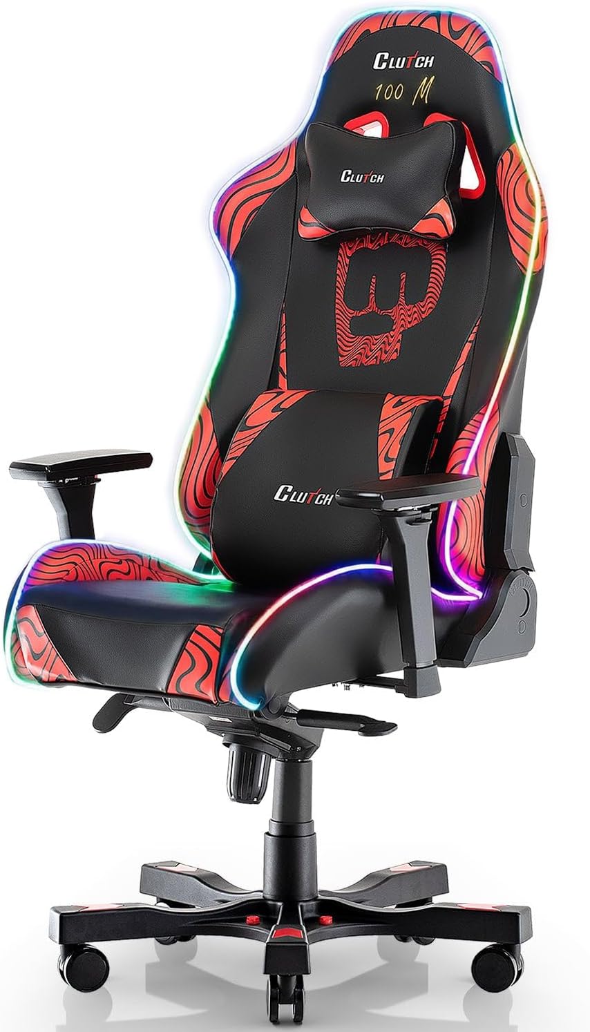Clutch Chairz Pewdiepie Chair LED 100M- Ergonomic Gaming Chair, Video Game Chairs, Office Chair, High Chair and Lumbar Pillow for Computer Desk - Black - Throttle Series