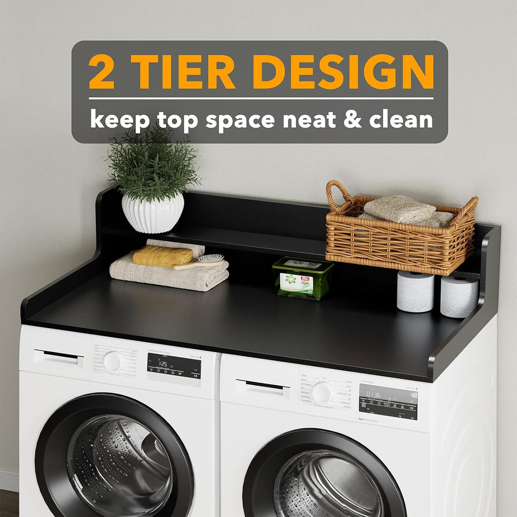 SpaceAid Washer Dryer Countertop with 2-Tier Shelf, Wood Topper with Edge, 54' Width x 27.5' Depth Cover Organizer Guard for Washer and Dryer Counter Laundry Hamper Storage (Black)
