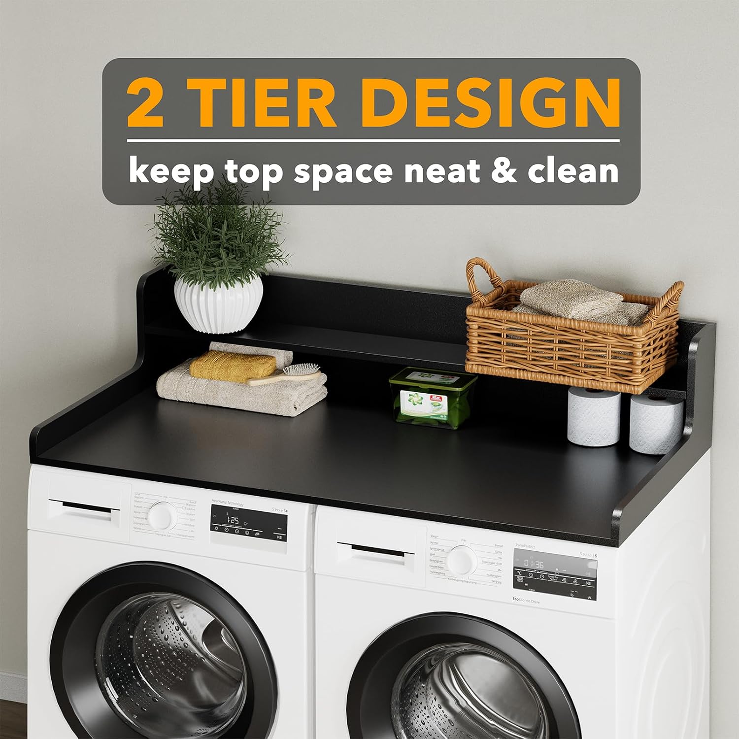 SpaceAid Washer Dryer Countertop with 2-Tier Shelf, Wood Topper with Edge, 54' Width x 27.5' Depth Cover Organizer Guard for Washer and Dryer Counter Laundry Hamper Storage (Black)