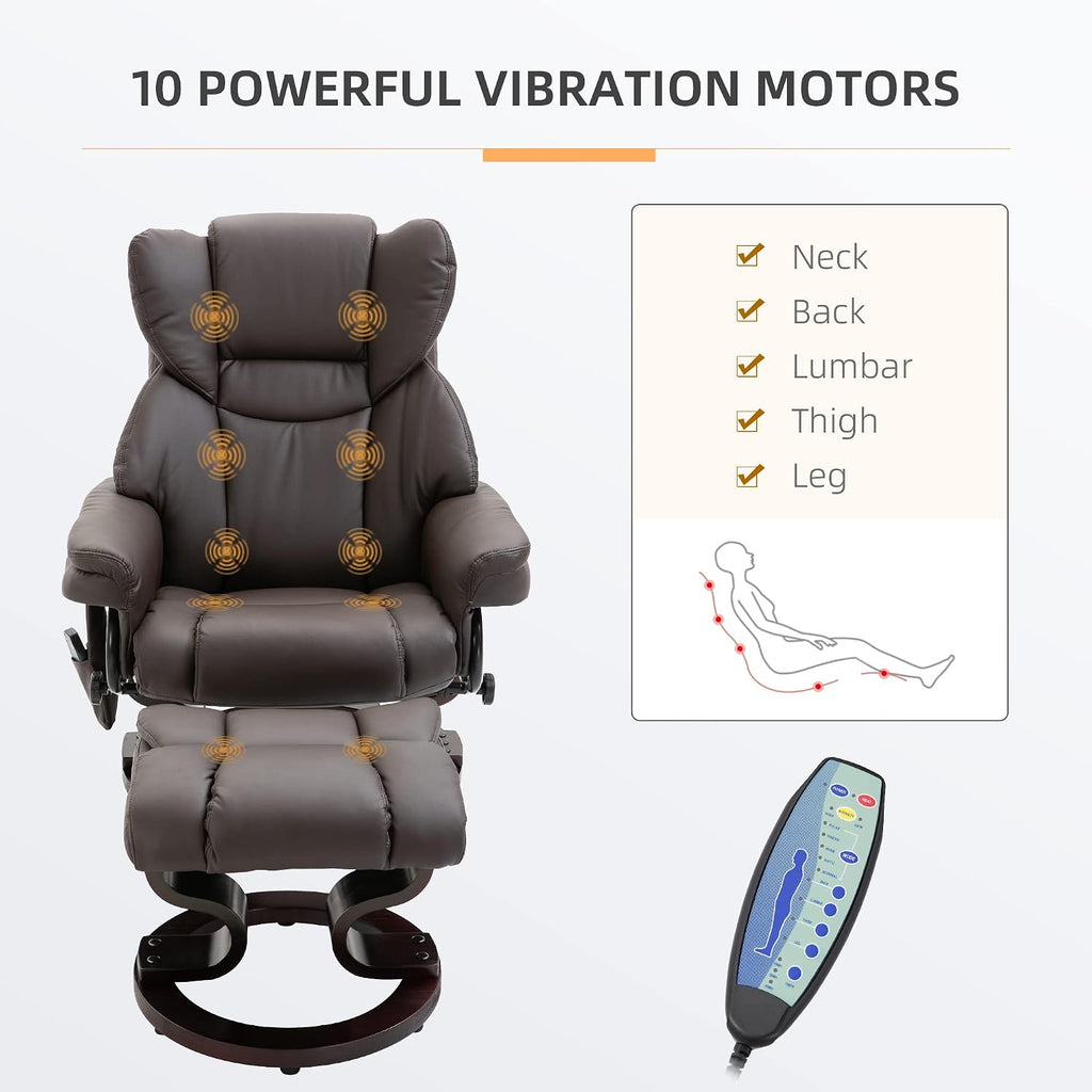 HOMCOM Massage Recliner Chair with Ottoman Footrest, 10 Vibration Points, 360° Swivel Reclining Chair, Faux Leather Living Room Chair with Side Pocket and Remote Control, Brown