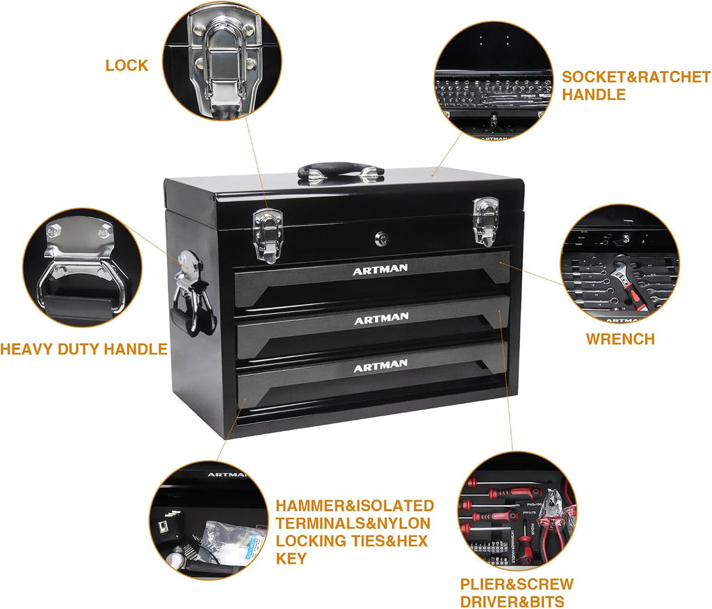 3-Drawer Tool Chest with 439-Piece Mechanics Tool Set | Heavy-Duty Steel Portable Tool Box with Complete Socket & Wrench Kit for Workshop, Garage, and Home Use (Black)