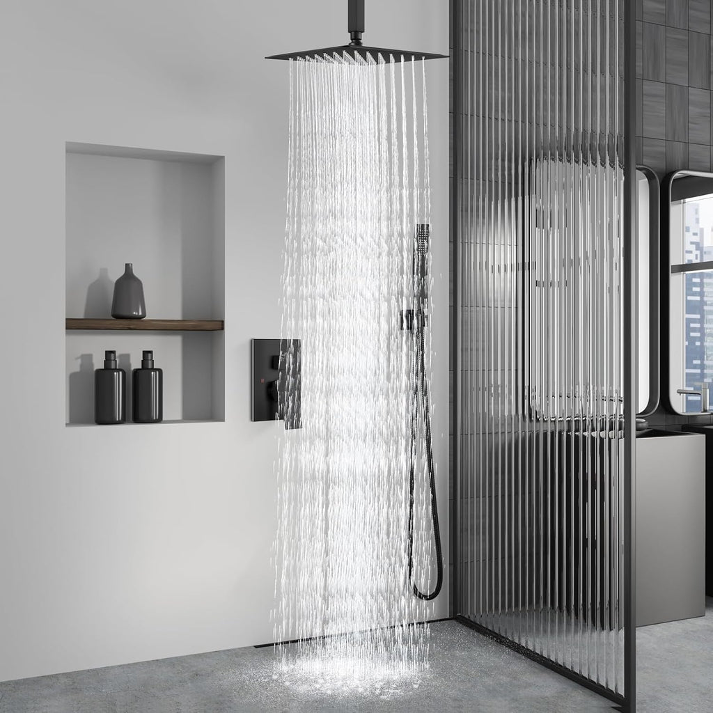 Aolemi Matte Black Ceiling Mount Rain Shower Head with Handheld Spray and High Pressure Faucet Set, Includes 16 Inch Shower Head and Trim Kit