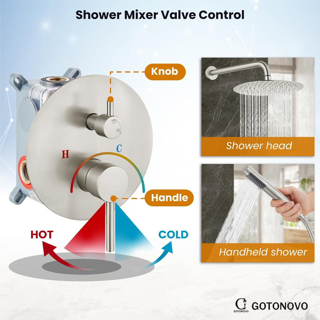 gotonovo Shower System 10 Inch Round Rainfall Showerhead Wall Mounted High Pressure Shower Faucet Set Fixture Combo with Rough in Valve and Cylindrical Handheld Spray, Brushed Nickel