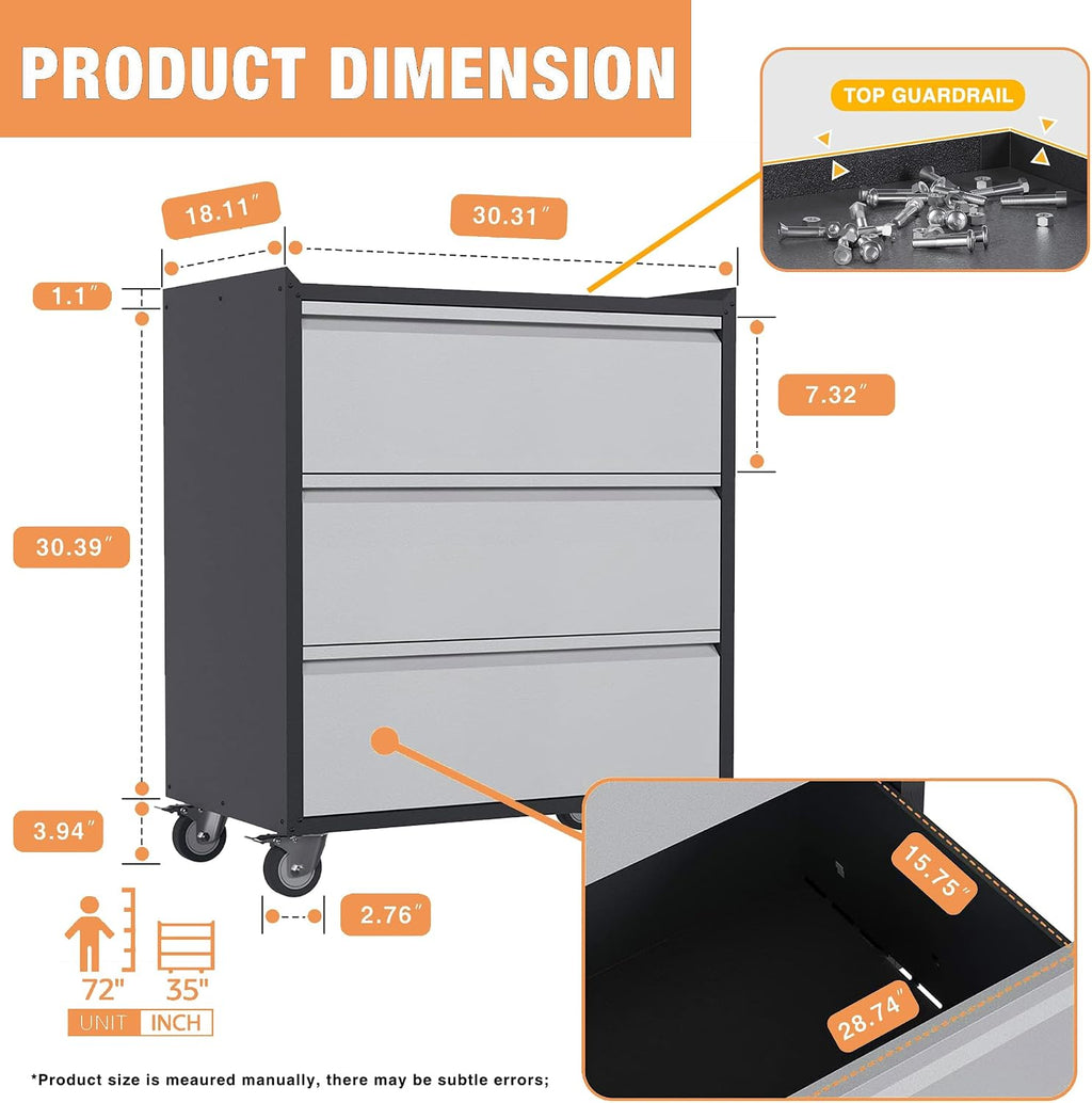 3 Drawers Metal Storage Cabinet with Wheels, Garage Storage Cabinet on Wheels,35.4' H Top Workbench Mobile Tool Chests,Assembly Required…