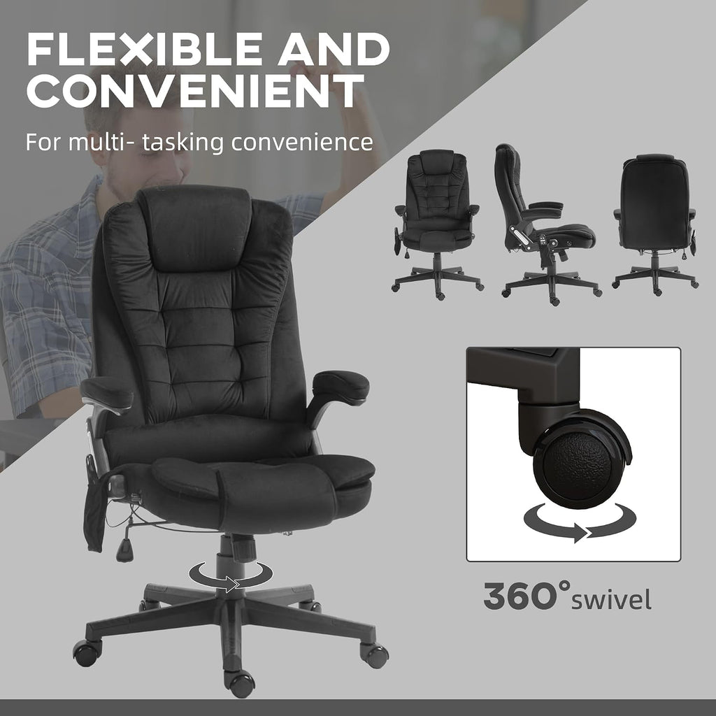 HOMCOM Executive Office Chair with 6 Points Vibration Massage and Heated Lumbar Support, Velvet High Back Computer Chair with Reclining Backrest, Tilt Function and Padded Armrests, Black