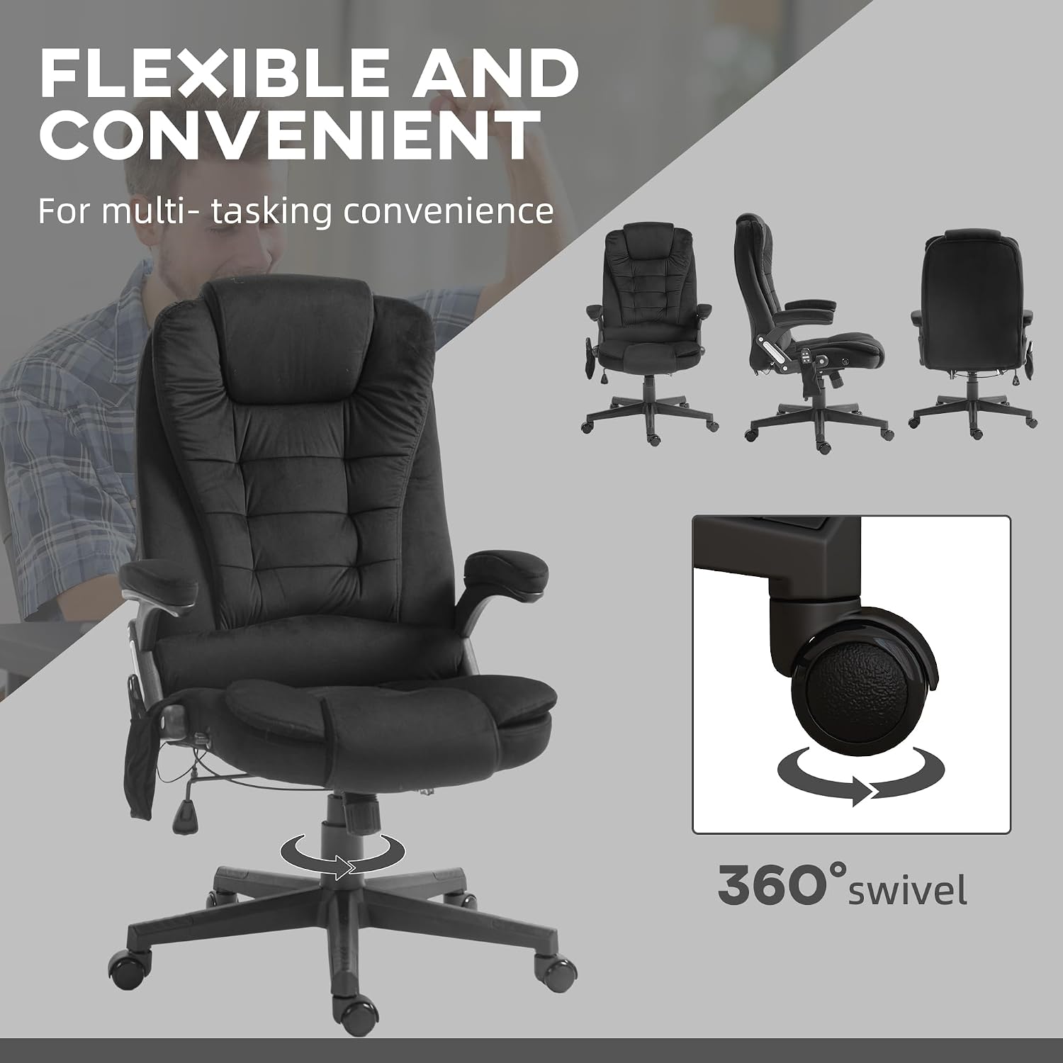 HOMCOM Executive Office Chair with 6 Points Vibration Massage and Heated Lumbar Support, Velvet High Back Computer Chair with Reclining Backrest, Tilt Function and Padded Armrests, Black