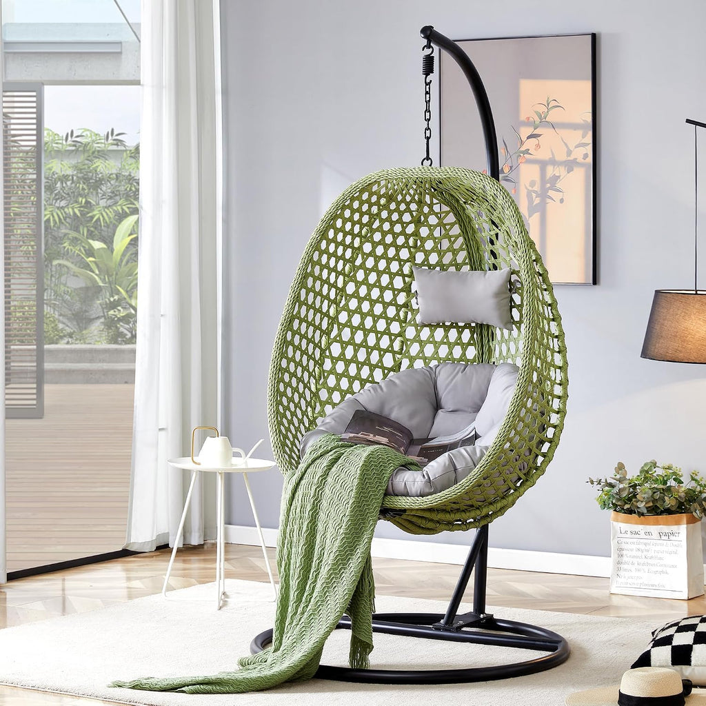Egg Swing Chair with Stand,Swing Egg Chair with Stand, Green Rattan Hanging Egg with Soft Cushion, Outdoor Hanging with Foldable Basket and Metal Stand for Bedroom Patio