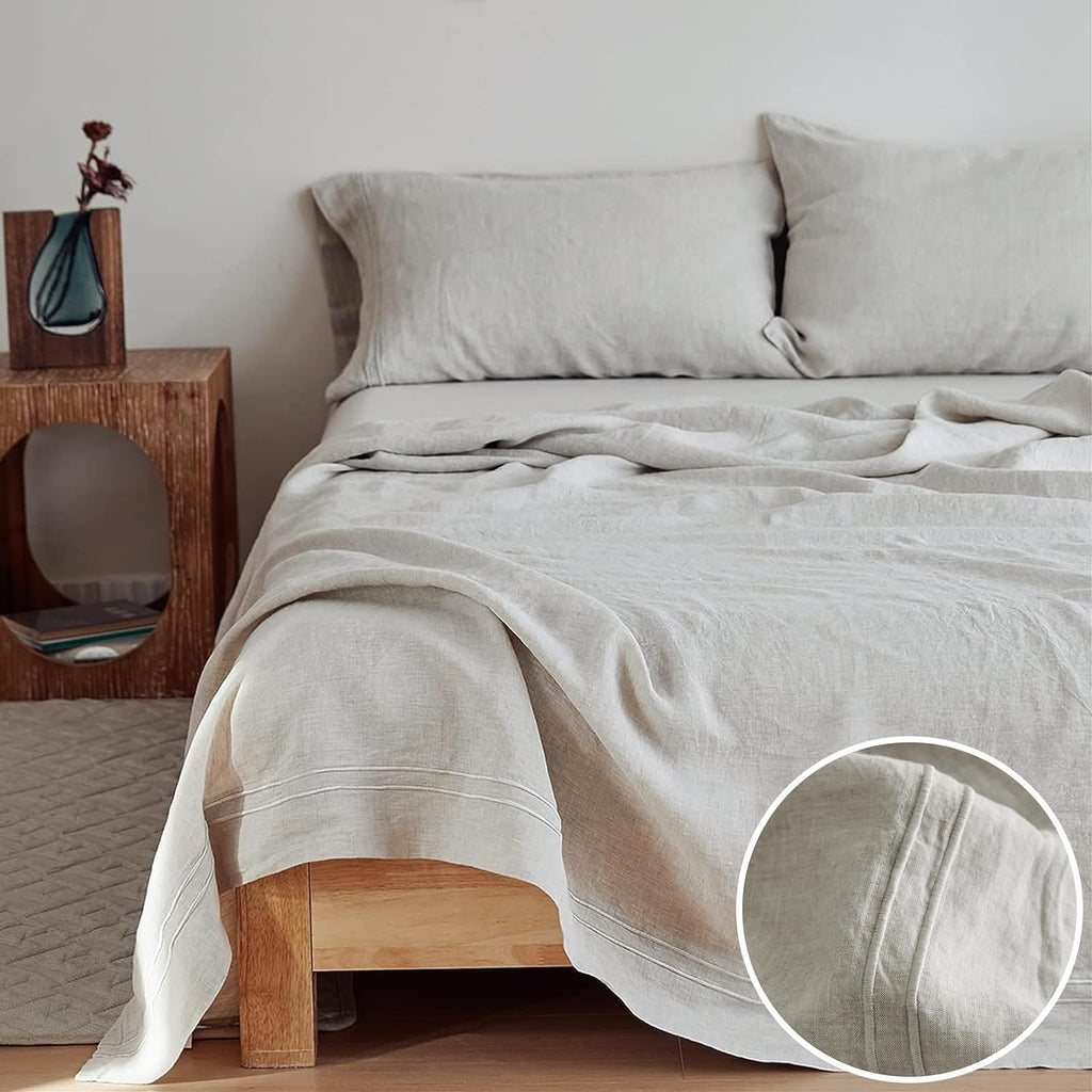 Simple&Opulence 100% Linen Sheet Set 4 Pieces Natural France Flax Bed Sheet (1 Flat Sheet, 1 Fitted Sheet, 2 Pillowcases) Breathable Luxury Hotel Bedding - Embroidery Linen, Queen Size