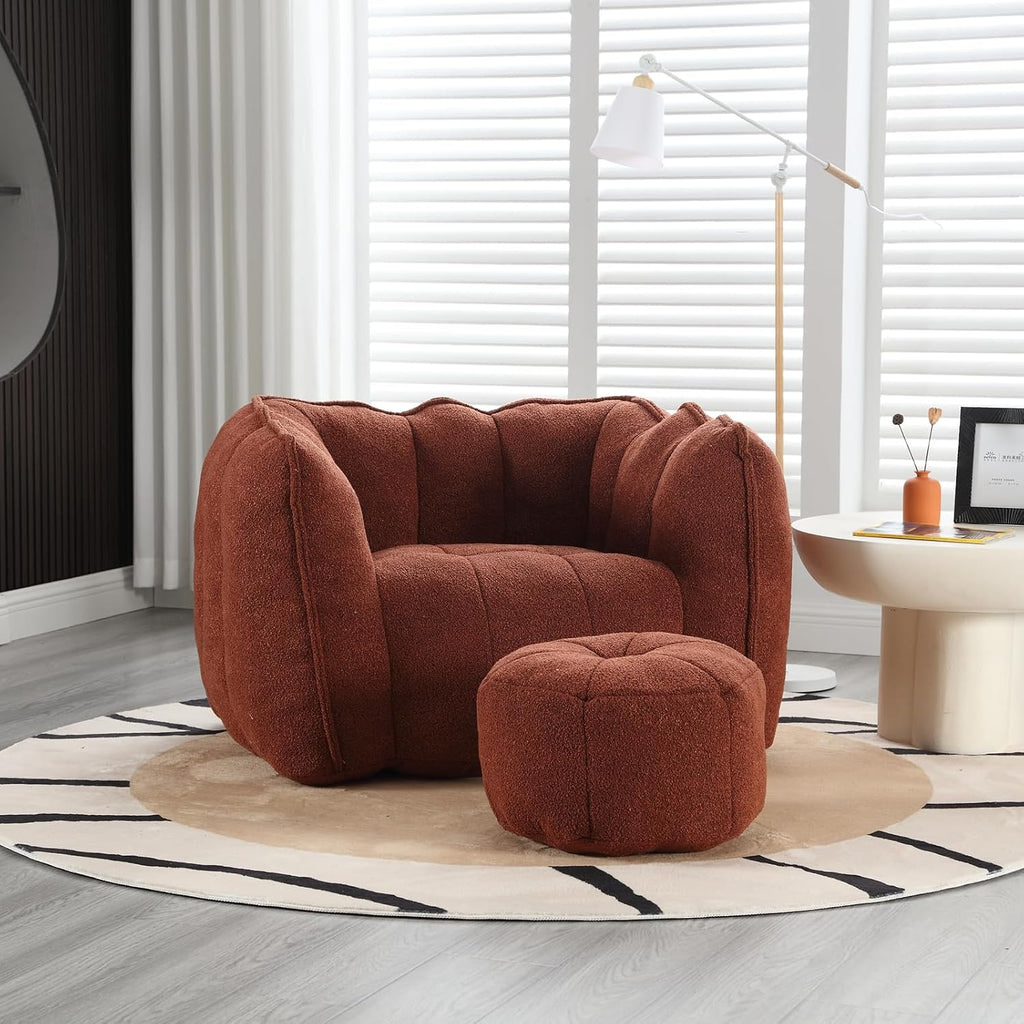 Giant Bean Bag Chair with Ottoman, Oversized Beanbag Chair for Adults, Comfy Floor Sofa Chair with Foam Filler, Pumpkin Lazy Lounger for Living Room, Game Room, Reading Corner, Chenille Reddish Brown