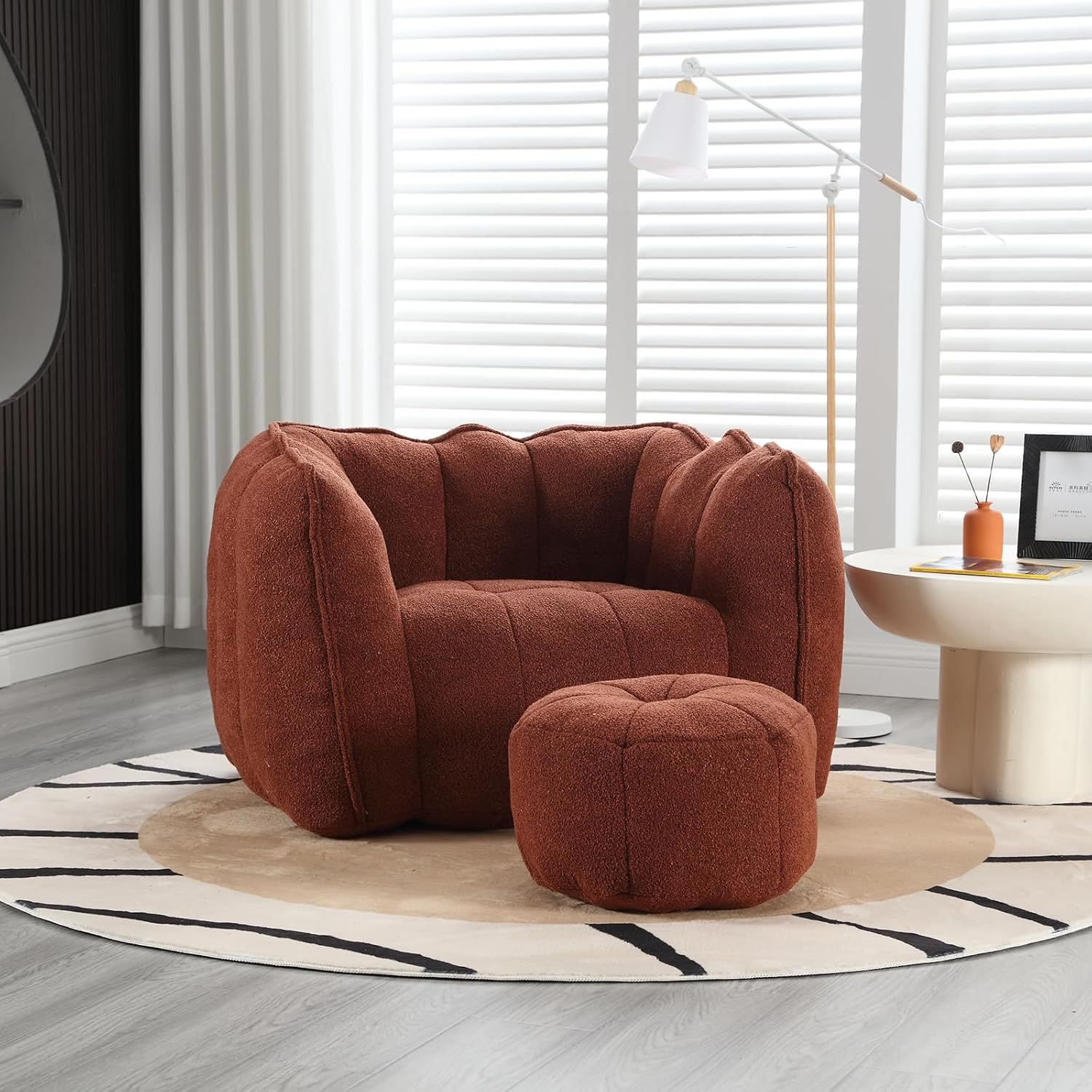 Giant Bean Bag Chair with Ottoman, Oversized Beanbag Chair for Adults, Comfy Floor Sofa Chair with Foam Filler, Pumpkin Lazy Lounger for Living Room, Game Room, Reading Corner, Chenille Reddish Brown