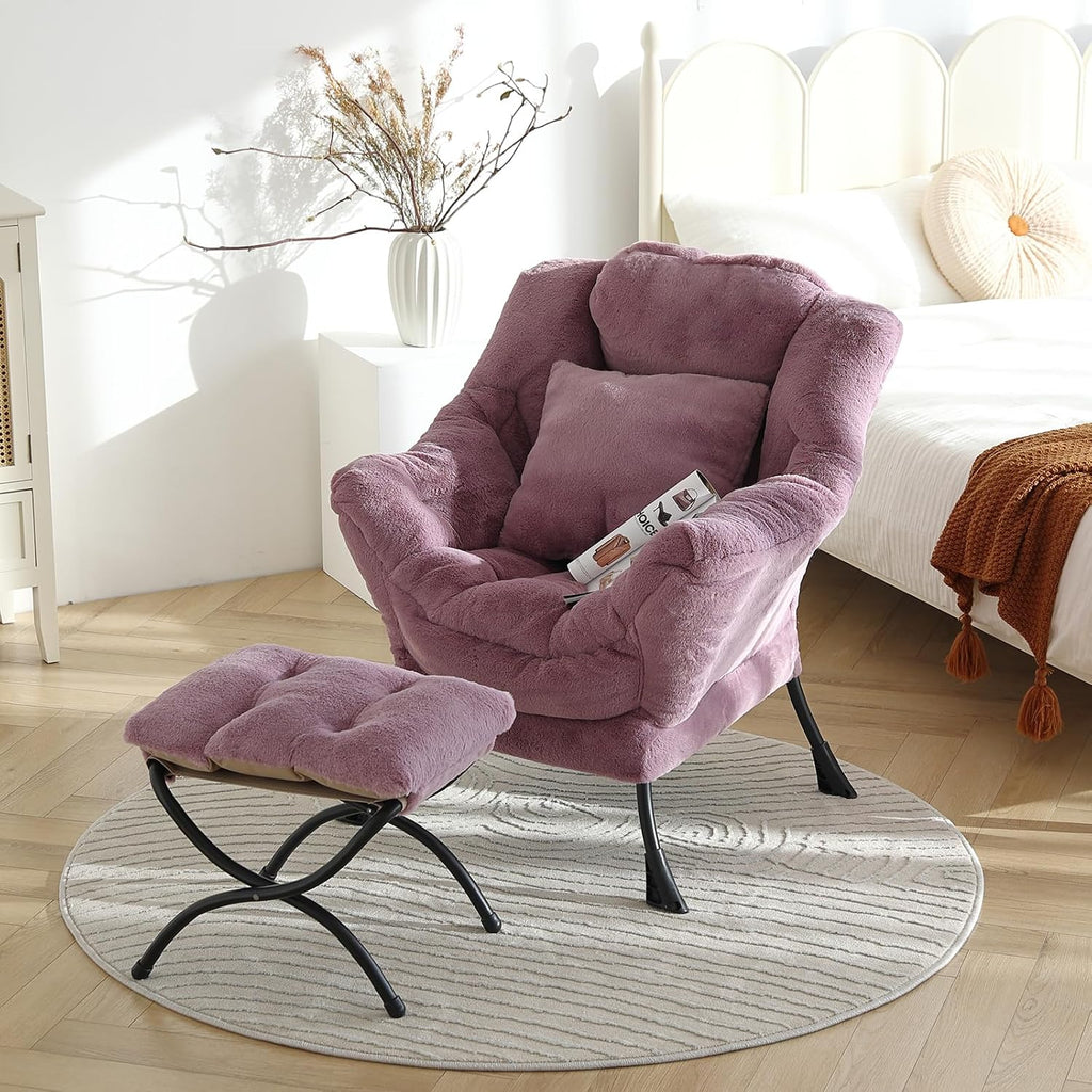 Lazy Chair with Ottoman, Reading Chair with a Pillow, Leisure Sofa Armchair with Ottoman, Large Accent Chair for Bedroom, Living Room, Dorm Room, Plush Purple