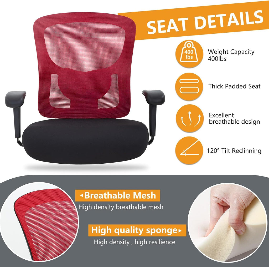 BestOffice Big & Tall Office Chair, 400 lb Capacity Mesh Desk Seating with Lumbar Support, Wide Seat, Adjustable Arms, Rolling Swivel High-Back Ergonomic Executive Task Model for Home Office, Red