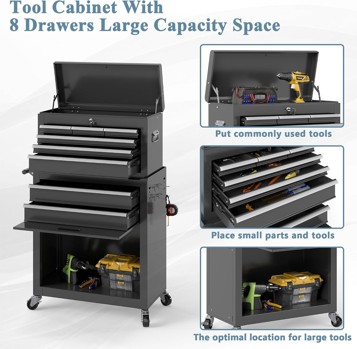 Tool Chest, 8 Drawers Rolling Tool Cabinet, Removable Cabinet Storage Tool Box with Hooks and Liners,Universal Lockable Wheels