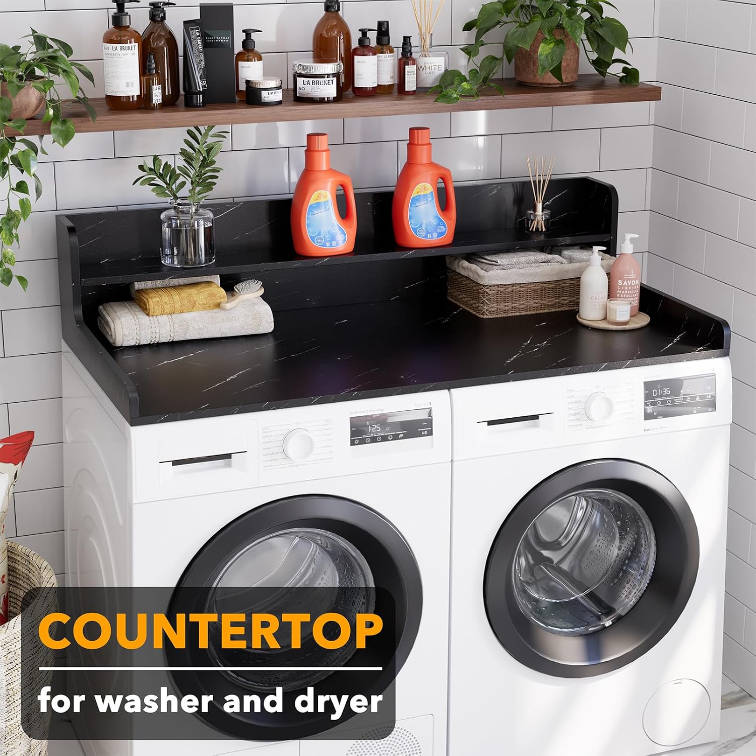 SpaceAid Washer Dryer Countertop with 2-Tier Shelf, Wood Topper with Edge, 54' Width x 27.5' Depth Cover Organizer Guard for Washer and Dryer Counter Laundry Hamper Storage (Black Marble)