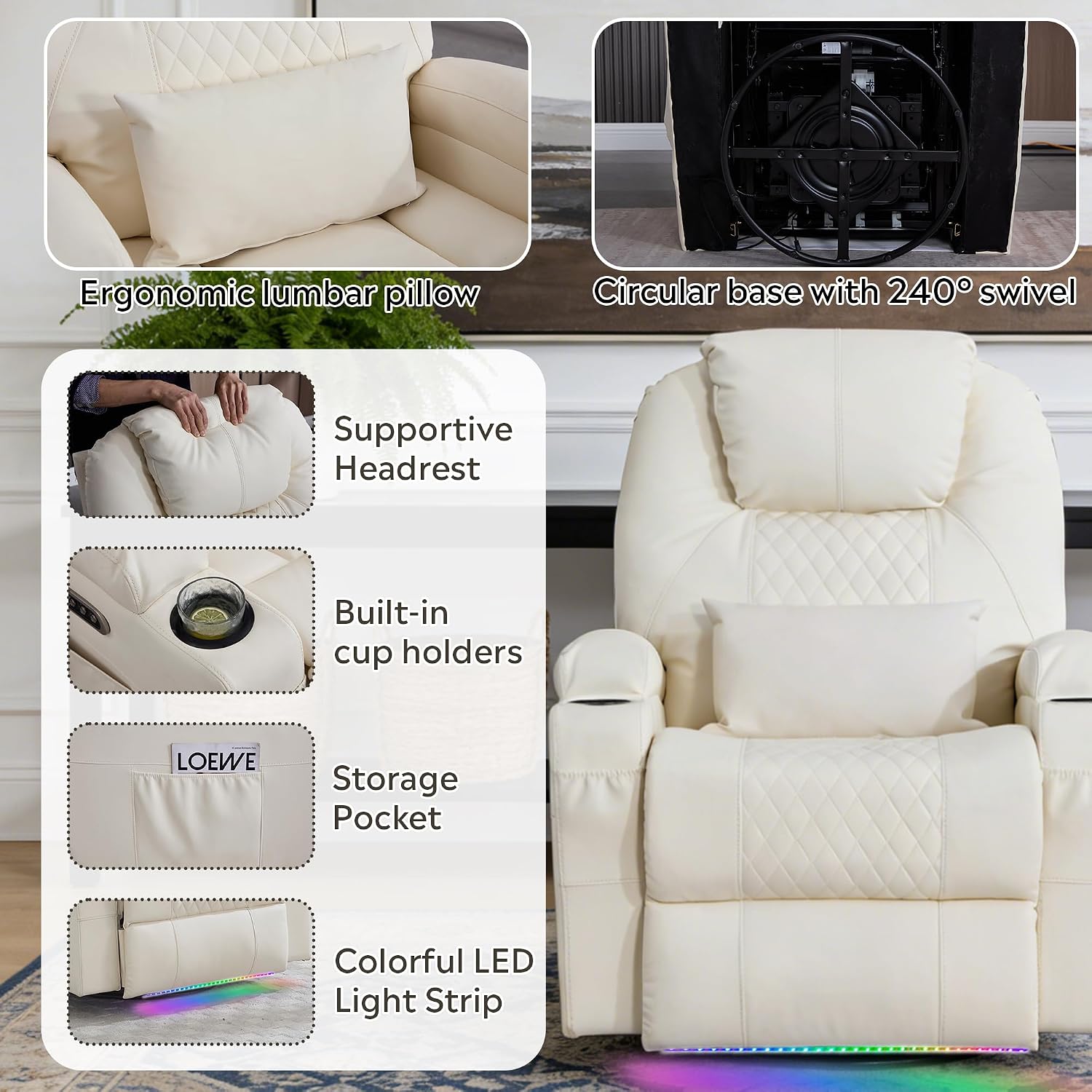 Dual Motor Power Swivel Rocker Recliner Chair for Adults with Heat and Massage,Electric Wall Hugger Glider Rocking Recliner for Nursery Living Room with LED Lights,USB A&C Ports(Beige, Single)