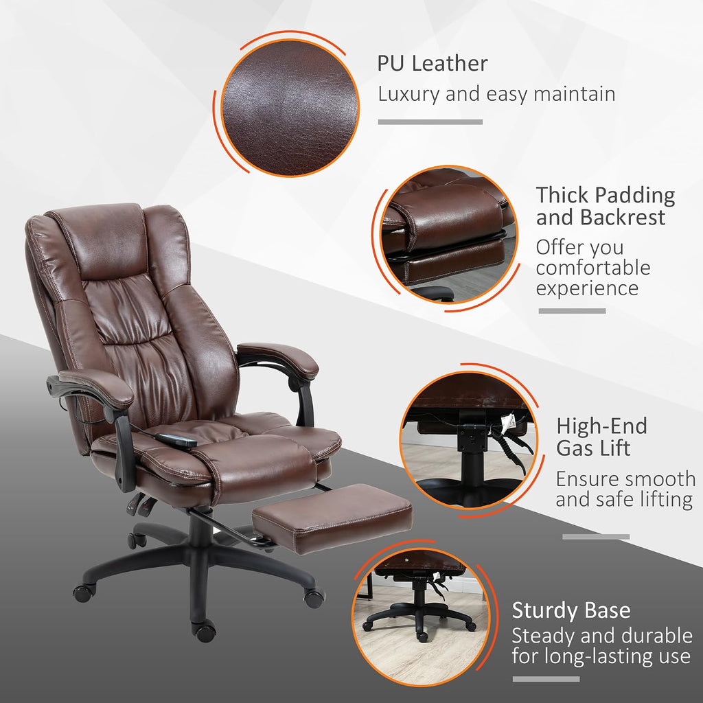 Vinsetto High Back Massage Office Chair with 6-Point Vibration, 5 Modes, Executive Chair, PU Leather Swivel Chair with Reclining Back, and Retractable Footrest, Brown
