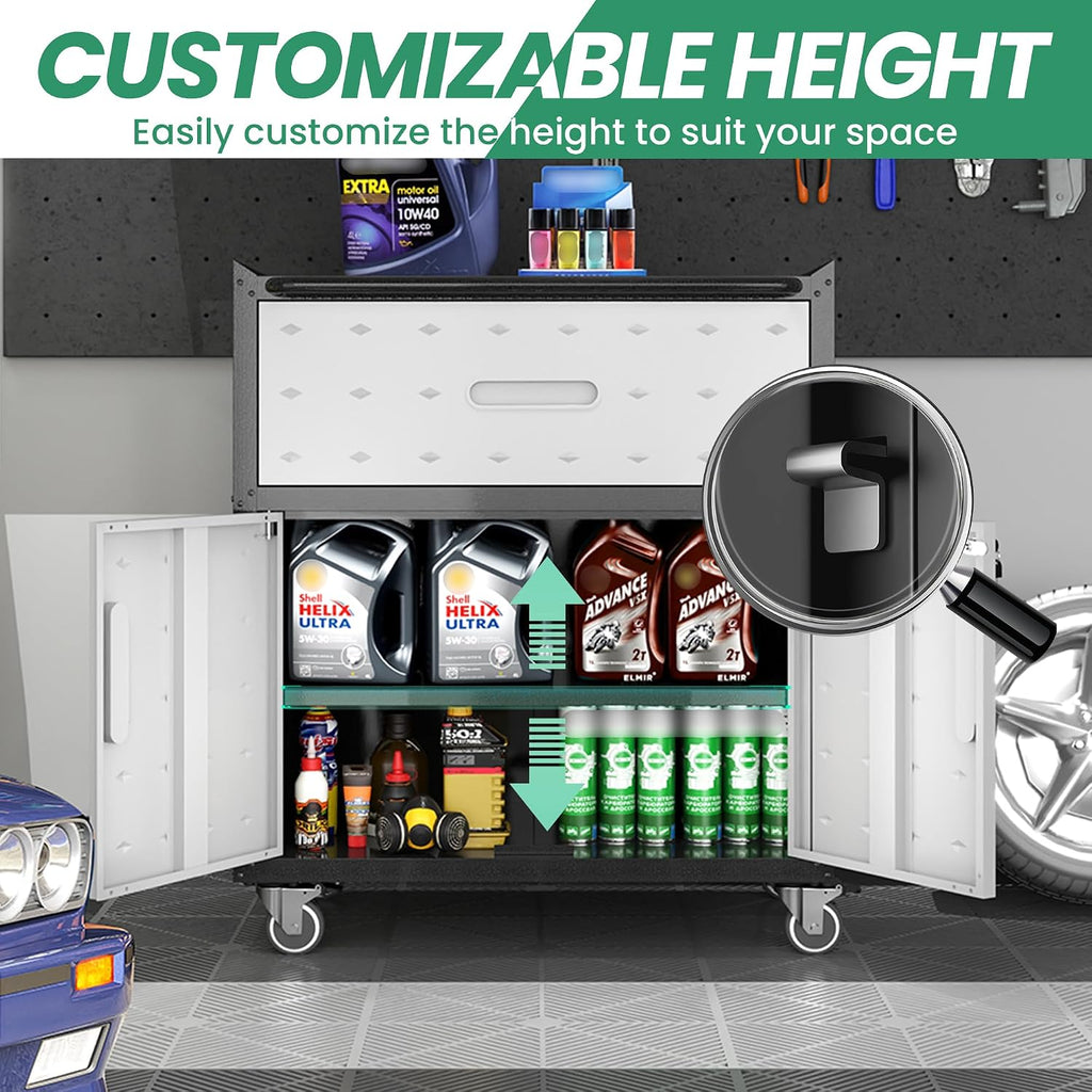 Garage Cabinets,Metal Garage Storage Cabinet with Wheels,Lockable Rolling Tool Cabinet with Drawer and Adjustable Shelves,Heavy Duty Tools Cabinet for Home Office Utility Room,Black/Grey