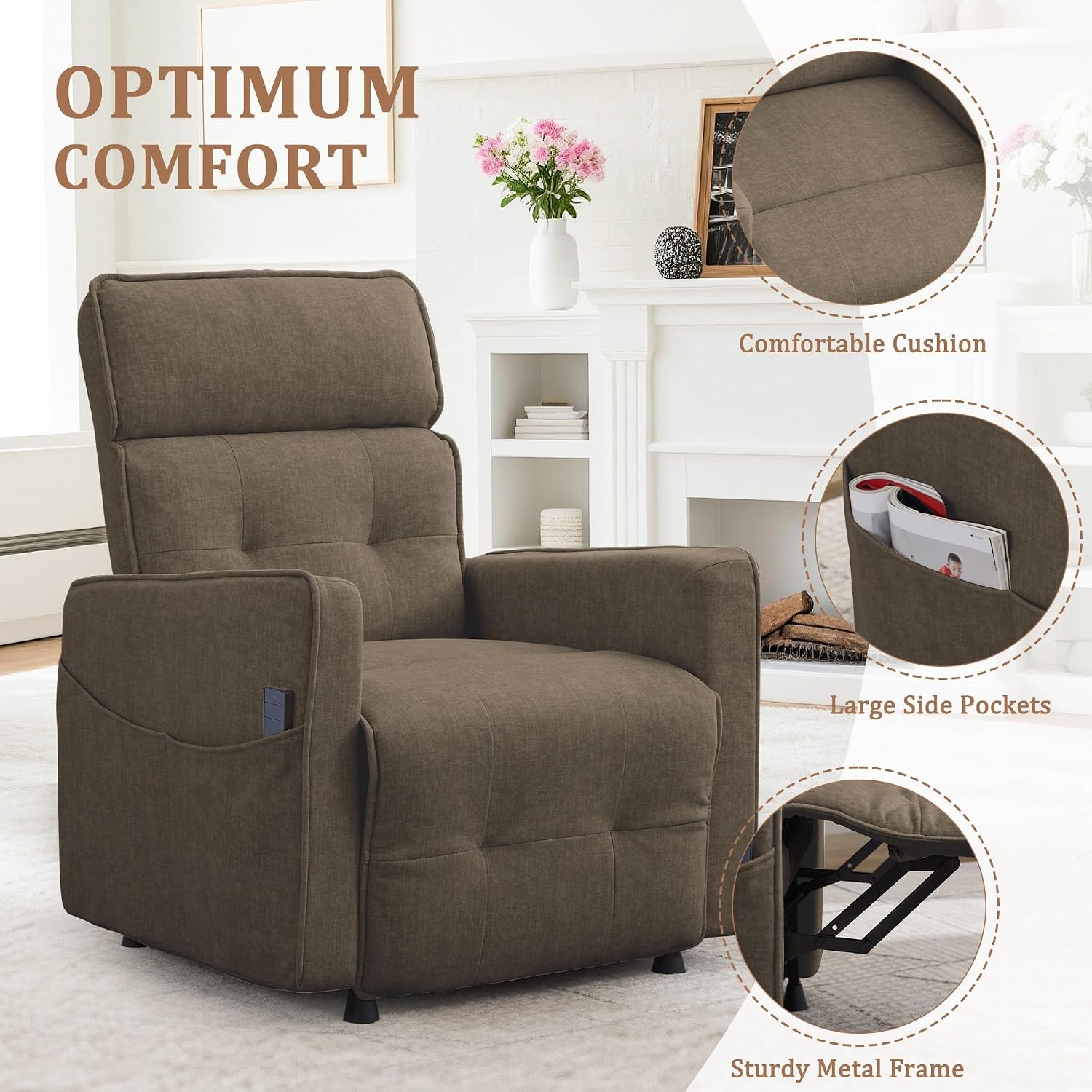 Korser Power Recliner Chair for Adults, Electric Recliner Chairs for Living Room, Comfy Recliners Cashmere Reclining Chair with One-Touch Adjustment & Side Pockets for Reading, Bedroom, Lounge, Brown