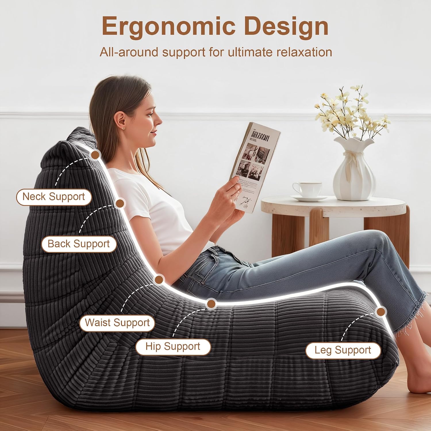 Bean Bag Chair for Adults, Giant Bean Bag Chairs with Lumbar Pillow, Oversized Corduroy Memory Foam Boneless Chair with High-Rebound, Lazy Floor Sofa for Reading Gaming Living Room Bedroom, Grey