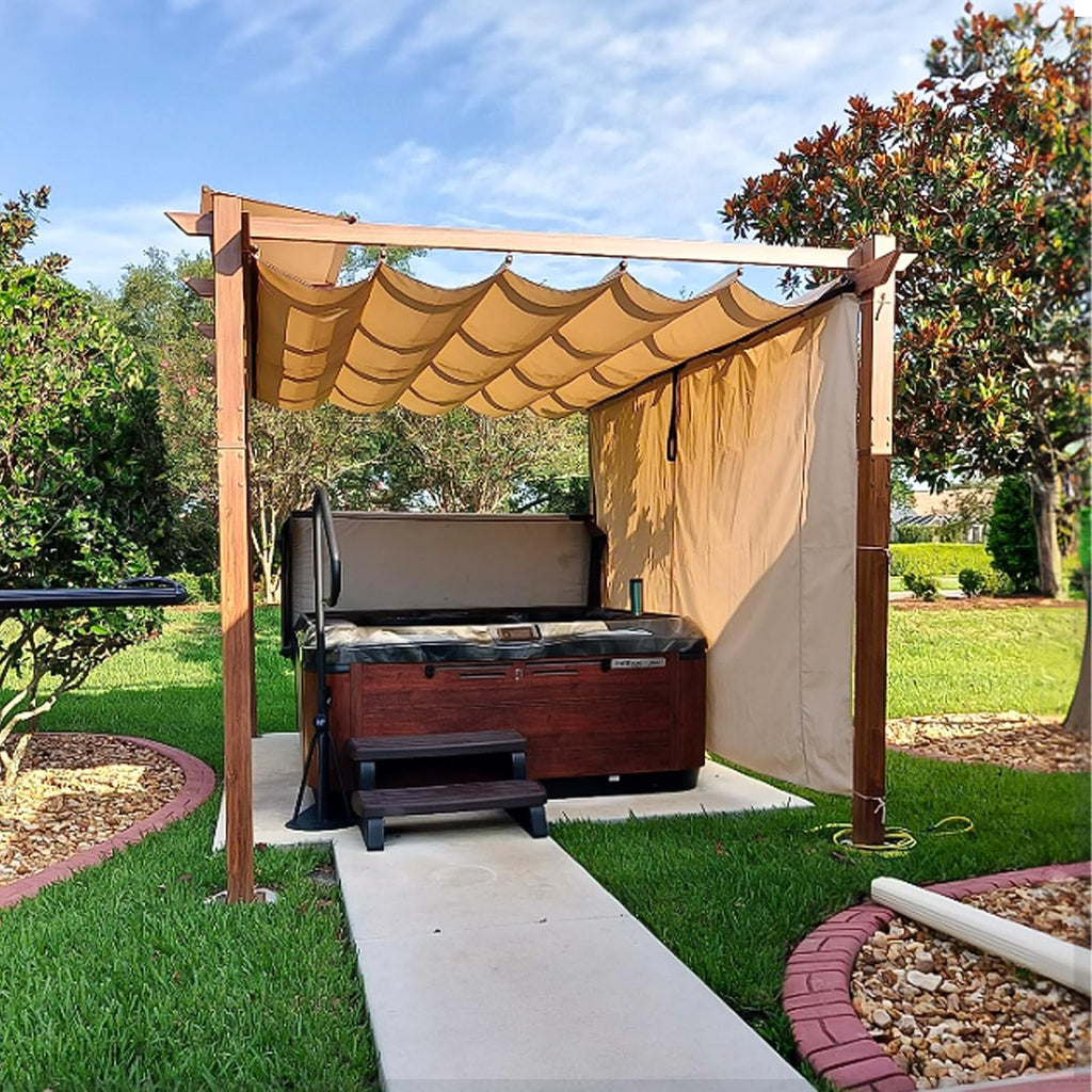 PURPLE LEAF 10' x 13' Outdoor Retractable Pergola Patio Metal Shelter for Garden Porch Beach Pavilion Natural Wood Grain Frame Gazebo Modern Yard Grill Pergola with Shade Canopy Curtains Beige