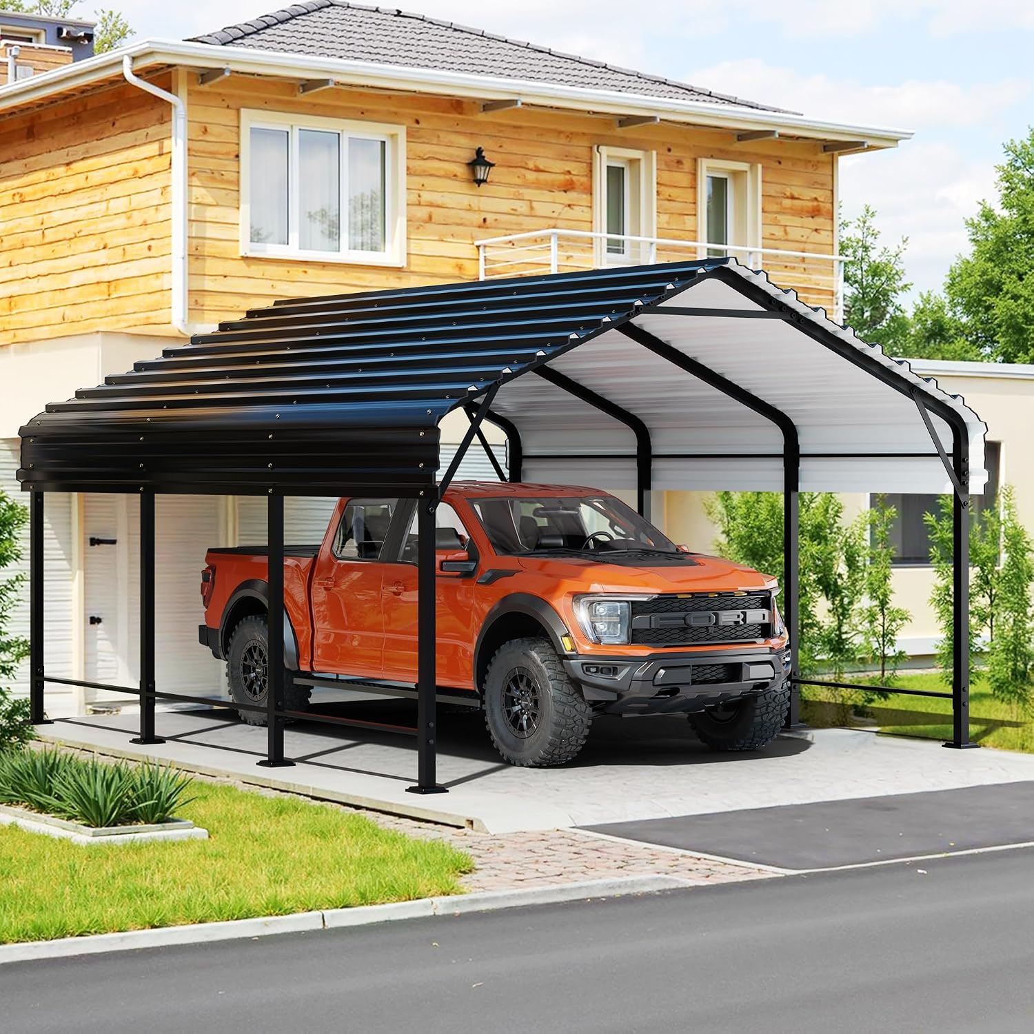 JY QAQA 12 x 15 FT Metal Carport Kits with Galvanized Steel Roof, Heavy Duty Metal Carport Canopy, Outdoor Car Tent Garage Shelter for Car, SUV, Truck and Boats