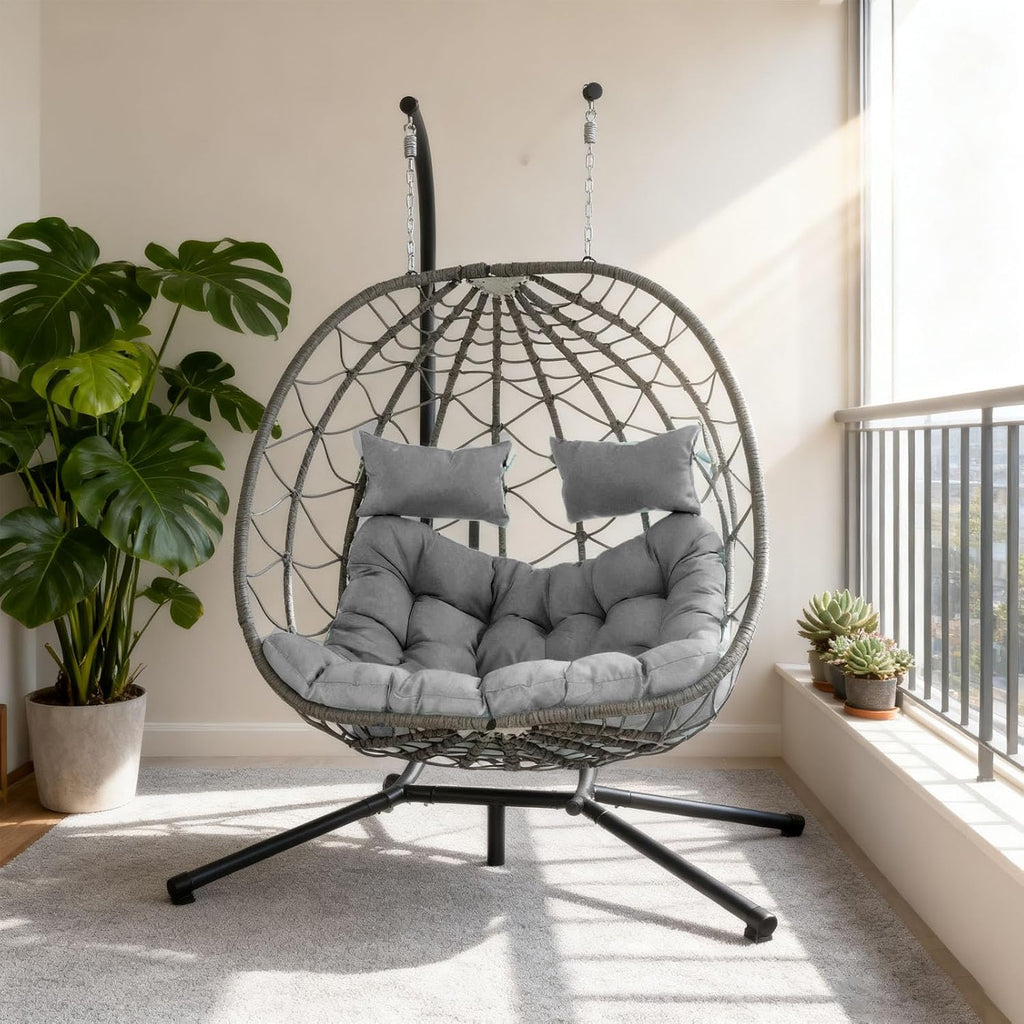 Egg Swing Chair with Stand 2Person Hanging Wicker Hammock Chair for Indoor & Outdoor Relaxation with Strong Load Bearing and Comfortable Cushion