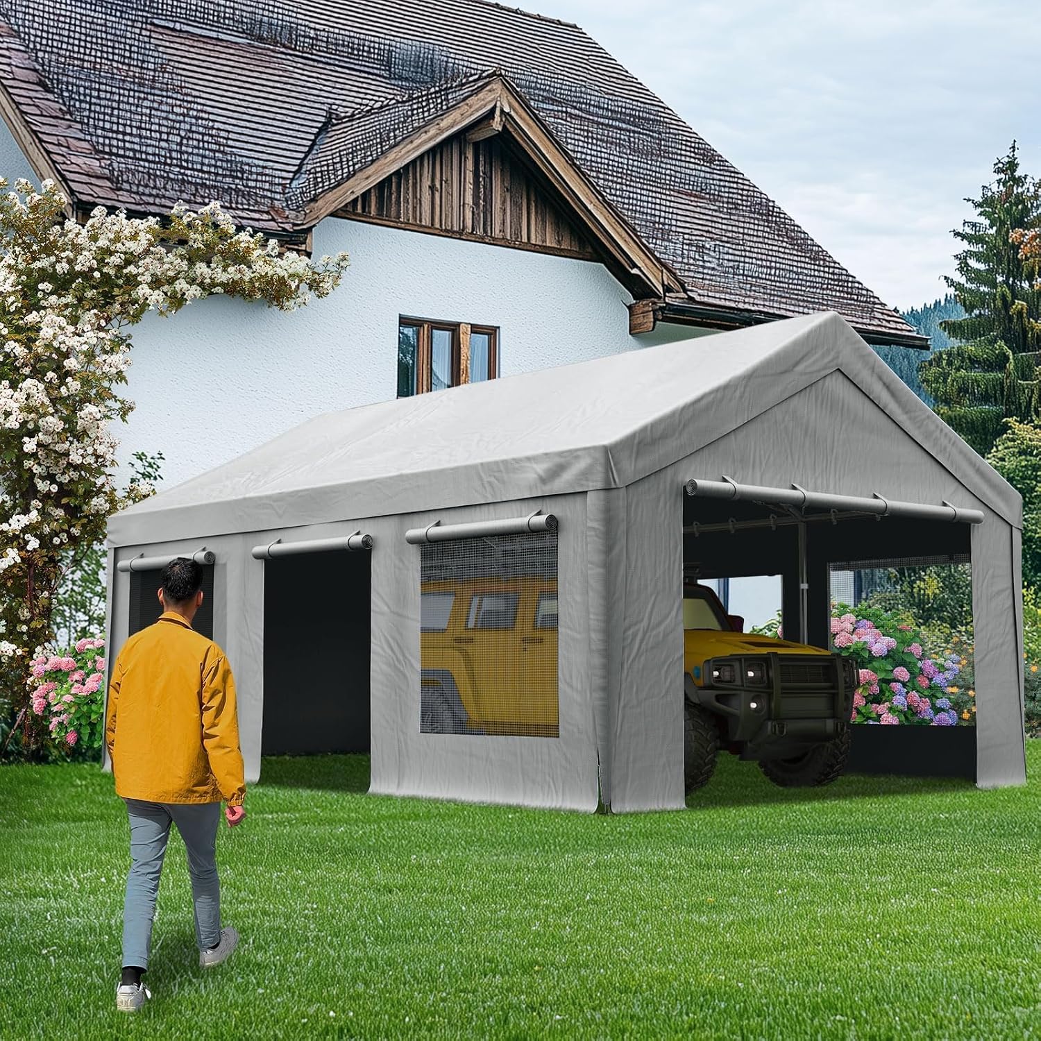 Quictent Heavy Duty 10x20 ft Carports with Side Zipper Doors & Snowproof Steel Cables & Ventilated Windows, Waterproof Storage Shelter for Car, Boat, RV, Outdoor Equipment, Gray
