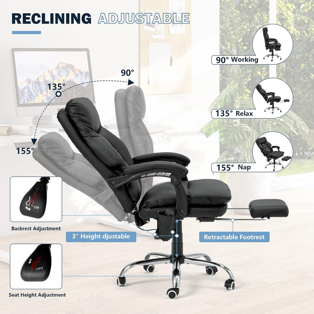 HOMREST Ergonomic Office Chair with 6-Point Massage & Heating, Adjustable Executive Desk Chairs with Retractable Footrest, PU Leather Home Office Desk Chair for Home & Office (Black)