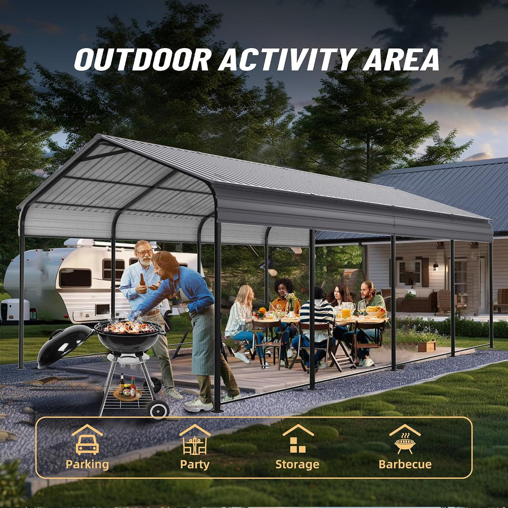 12x20x8.7 FT Heavy Duty Metal Carport, Galvanized Steel Roof Outdoor Car Shelter Garage, Waterproof All Weather Car Canopy for Car Pickup Truck Boat Tractor, Grey