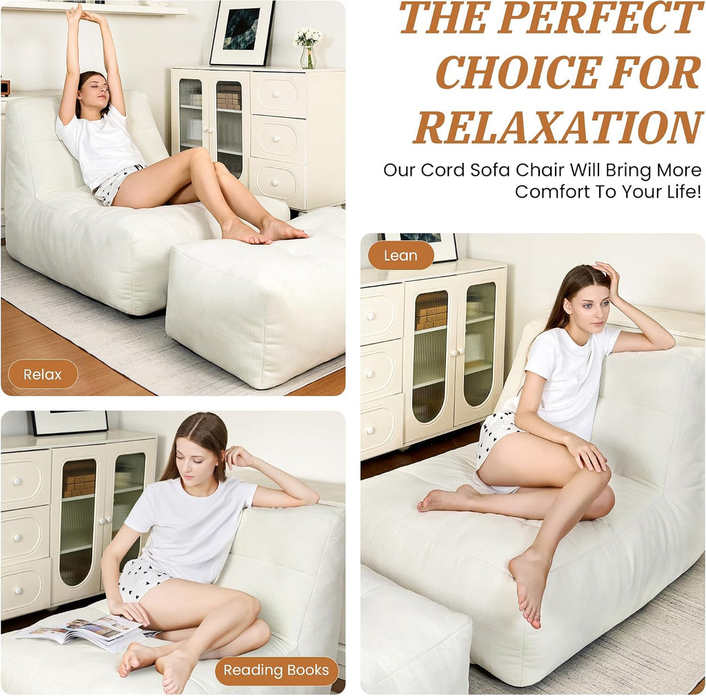 Bean Bag Chair with Ottoman, Giant Bean Bag Chairs for Adults with Memory Foam, Comfy Bean Bag Sofa for Bedroom, Lounge Beanbag of Reading and Gaming with Filler Included(White)