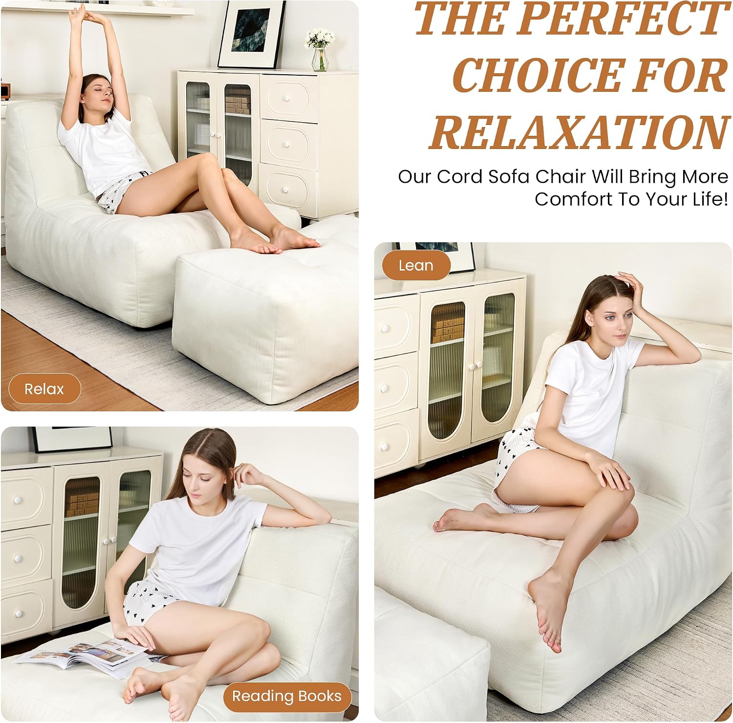 Bean Bag Chair with Ottoman, Giant Bean Bag Chairs for Adults with Memory Foam, Comfy Bean Bag Sofa for Bedroom, Lounge Beanbag of Reading and Gaming with Filler Included(White)