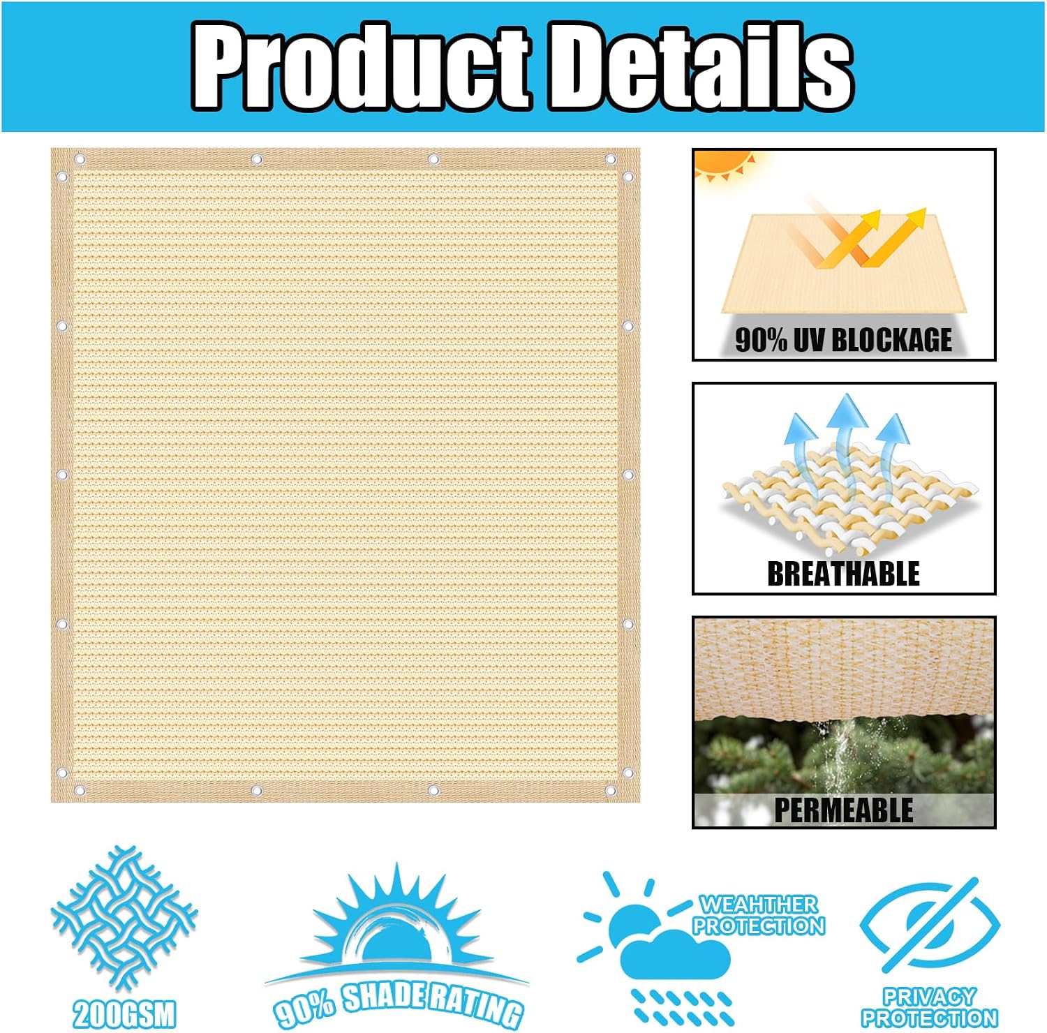 Amagenix 90% Pergola Shade Cover 12' X 20' Sun Shade Cloth with Grommets for Outdoor Garden Patio Porch, Commercial Grade 200 GSM - Cable Zip Ties Included (We Customized) GN108, Wheat