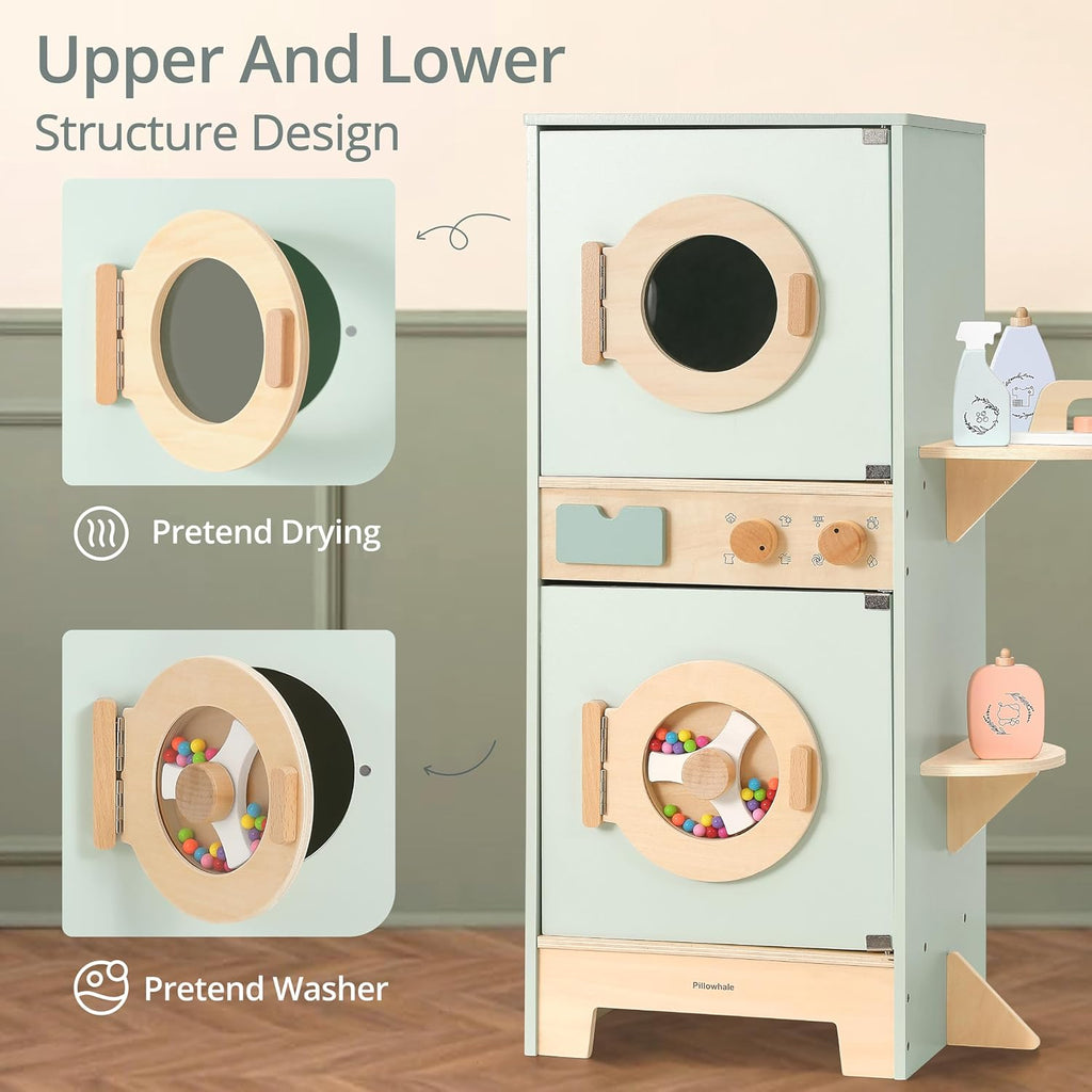 Pillowhale Wooden Washer-Dryer Playset for Kids – 2-in-1 Laundry Center Toy, Dual-Opening Doors, Spinning Drum & Click-Knobs, Basket + Iron Accessories – Montessori Pretend Play Gift Ages 3-6