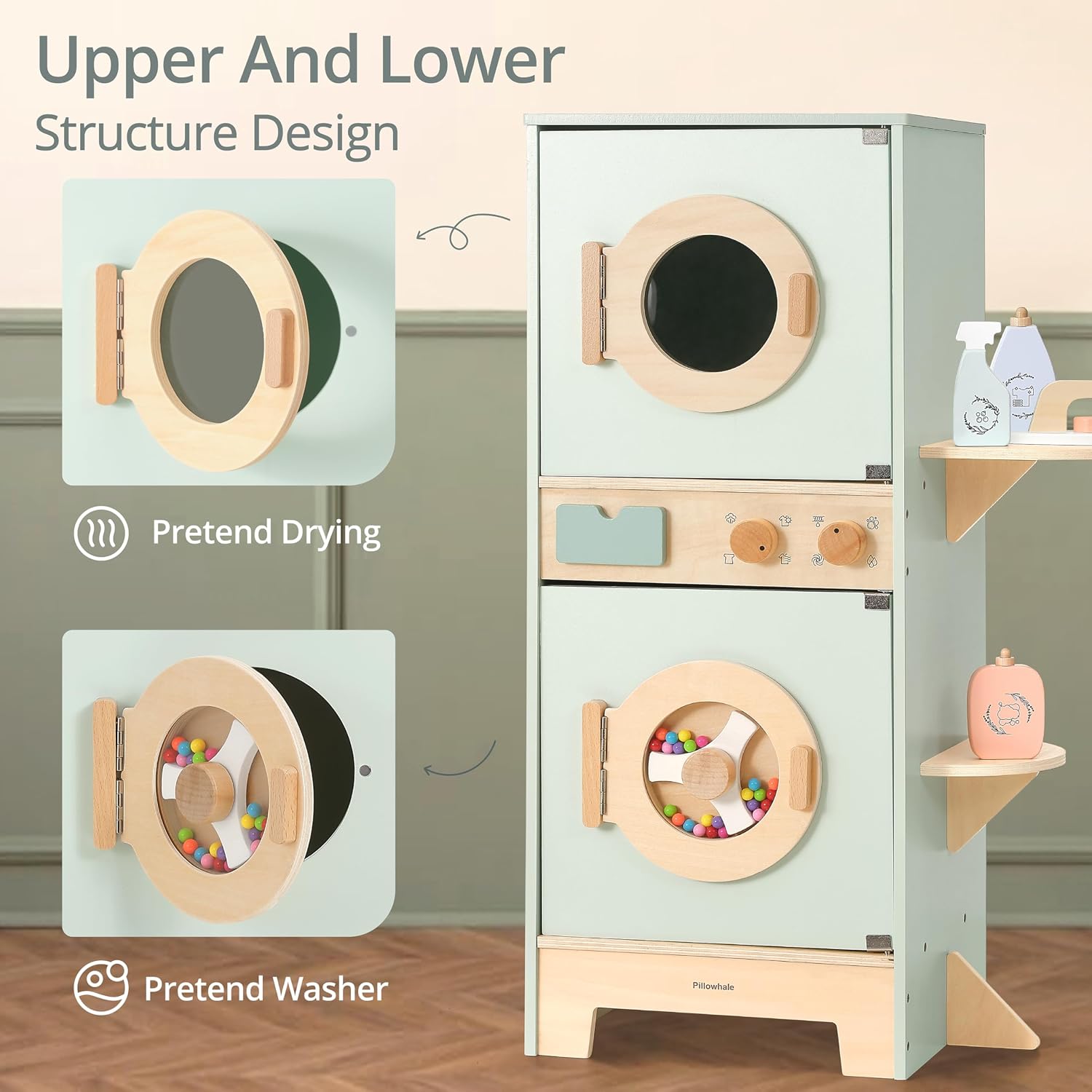 Pillowhale Wooden Washer-Dryer Playset for Kids – 2-in-1 Laundry Center Toy, Dual-Opening Doors, Spinning Drum & Click-Knobs, Basket + Iron Accessories – Montessori Pretend Play Gift Ages 3-6