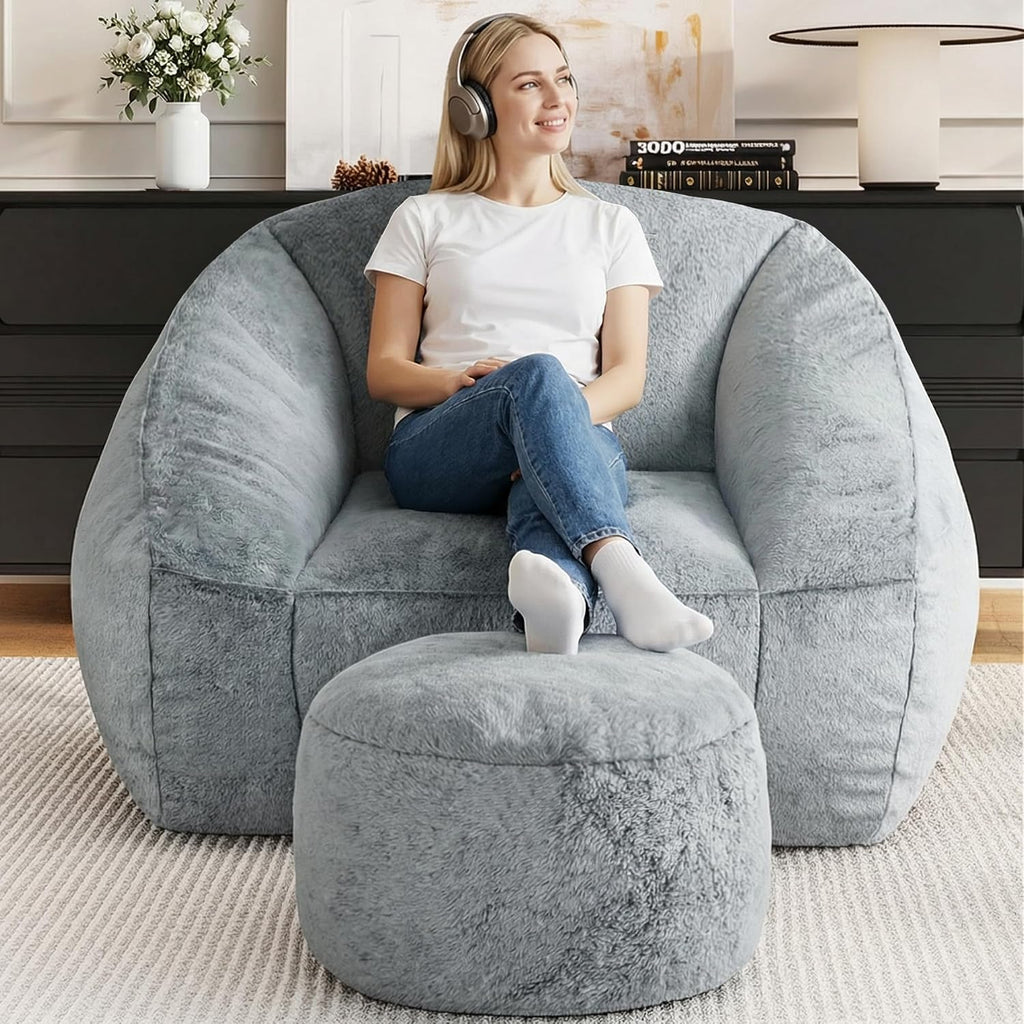 Bean Bag Chairs with Ottoman for Adults, Comfy Beanbag Chair with High-Resilience Foam, Oversized Bean Bag Sofa with Soft Faux Fur Fabric, Bean Bag Chair for Living Room,Bedroom,Light Grey