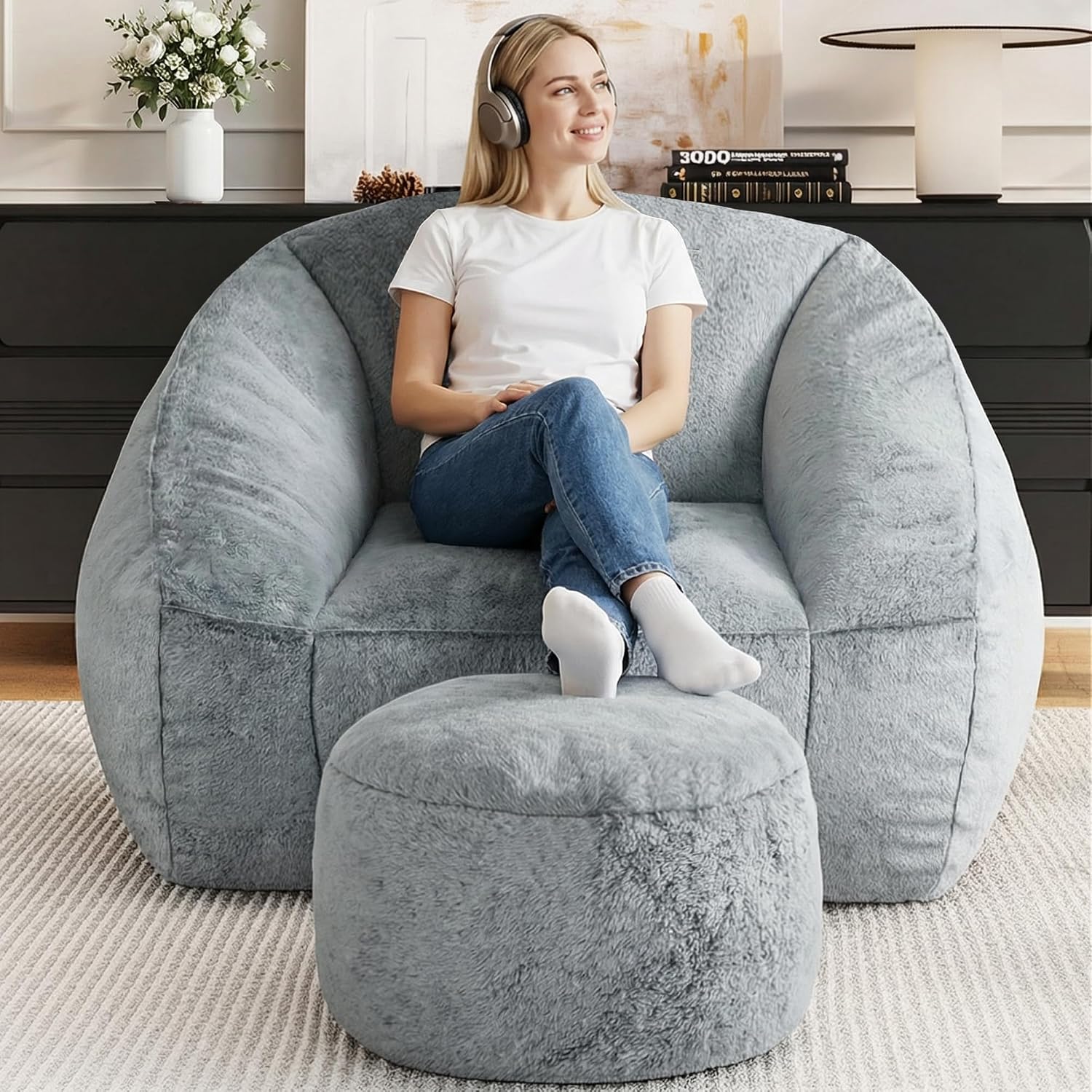 Bean Bag Chairs with Ottoman for Adults, Comfy Beanbag Chair with High-Resilience Foam, Oversized Bean Bag Sofa with Soft Faux Fur Fabric, Bean Bag Chair for Living Room,Bedroom,Light Grey