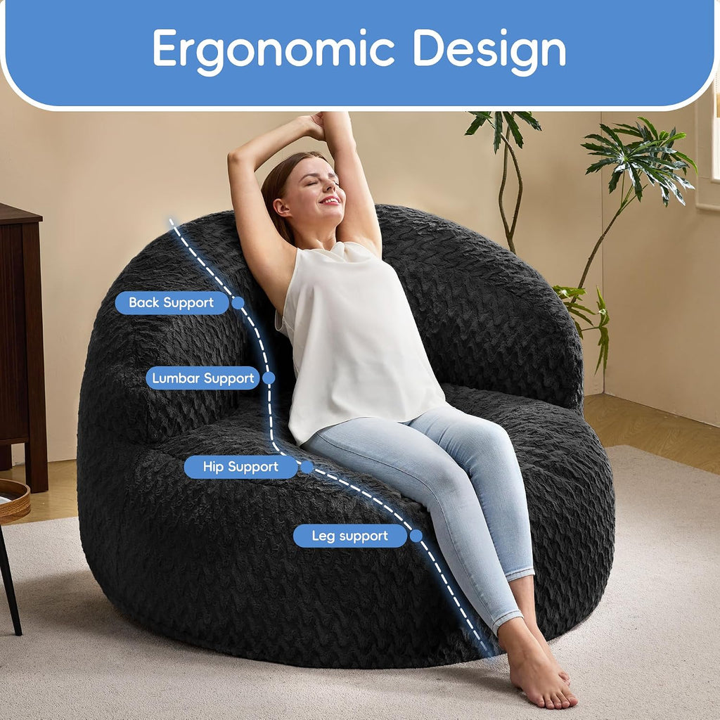 Hobestluk Bean Bag Chair Giant Bean Bag Chairs for Adults Big Bean Bag Chair with Memory Foam Filler Adults Large Beanbag with Faux Fur Cover for Bedroom (Chevron Black,Oversize)
