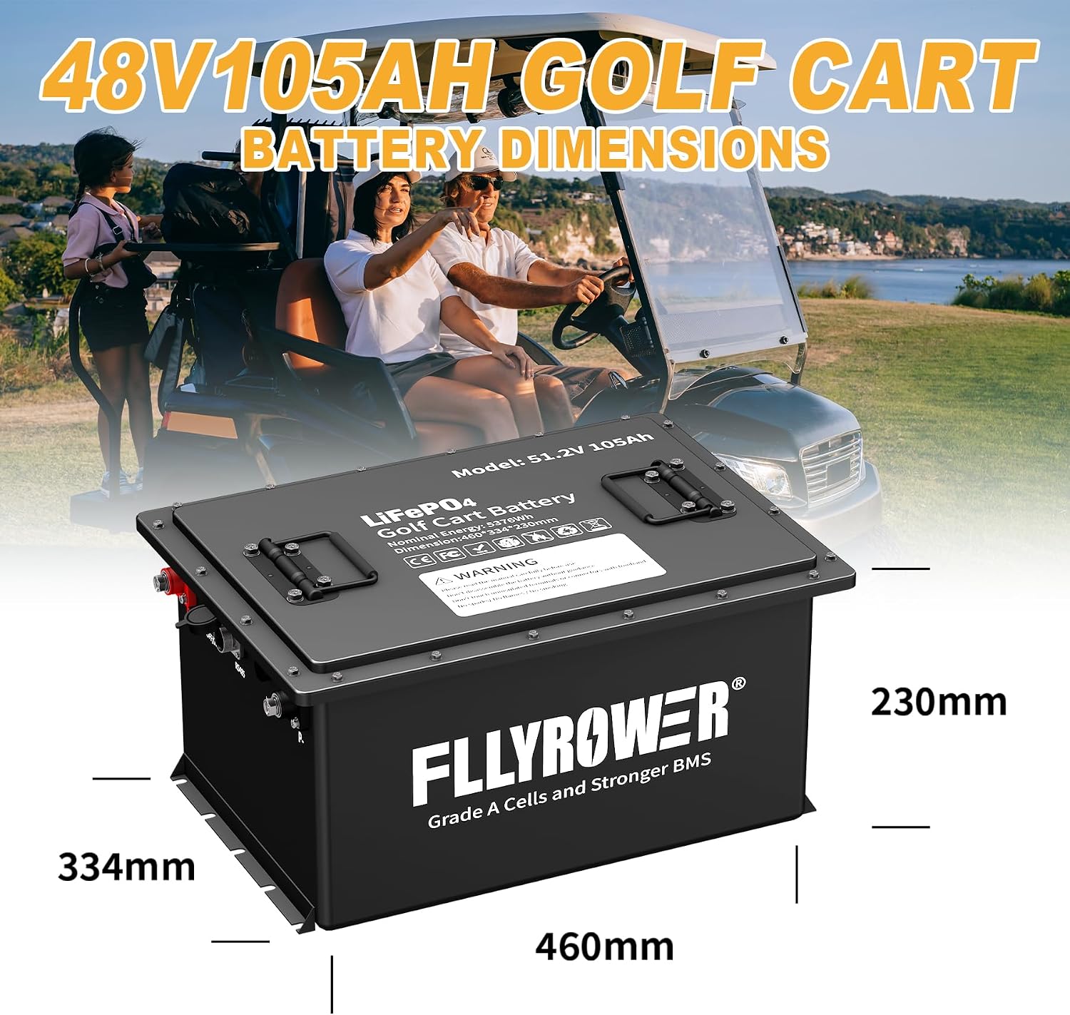 FLLYROWER Golf Cart Lithium Battery 48V 105AH with 16500 Deep Cycles and BMS Lifepo4 Battery 48V Grade A Cells Include 20A Charger and Monitor for Golf Cart