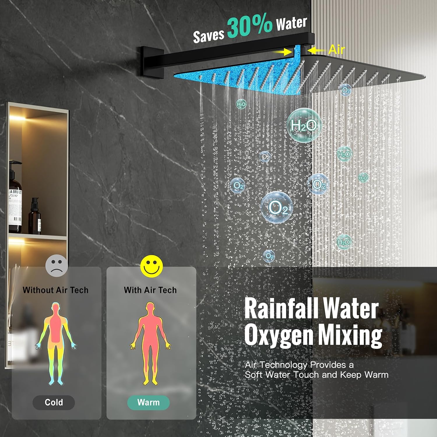 SR SUN RISE Matte Black Square Rainfall Shower Head and Handle Set, Wall Mounted Shower Fixtures, Metal Shower Faucet Trim Repair Kits (With Shower Valve) 16 Inches