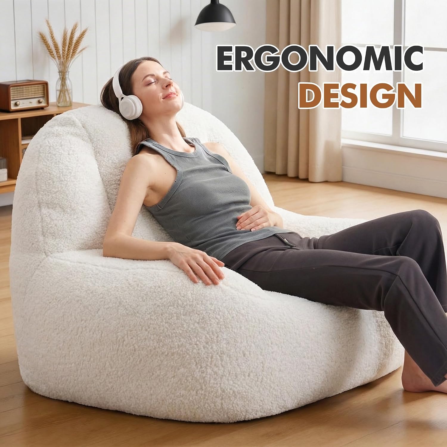 Homguava Bean Bag Chairs for Adults,Giant Beanbag Couch Adult Bean Bag Chair with Filler Included,Modern Lazy Sofa Comfy Chair for Living Room(White)