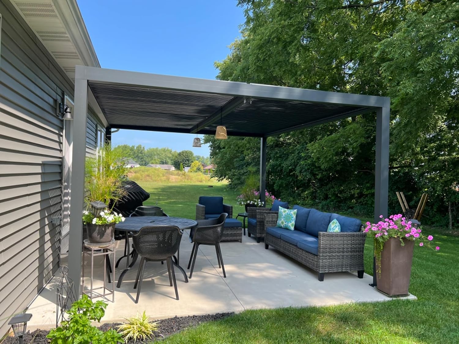 PURPLE LEAF Louvered Pergola 94AS 10' x 14' Outdoor Aluminum Pergola with Two Independently Adjustable Roof with 24 Light Bulbs for Backyard Garden
