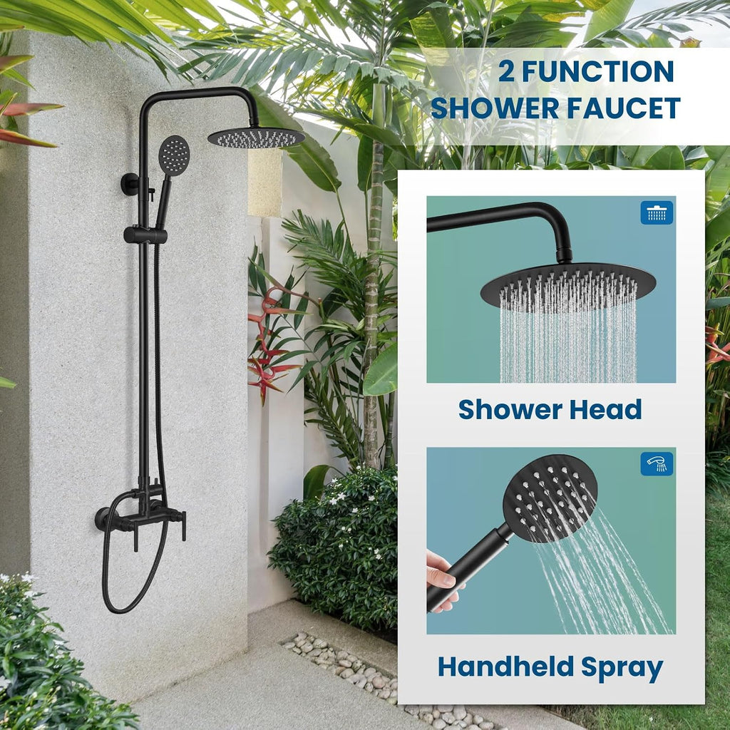 gotonovo SUS304 Outdoor Shower Fixture High Pressure Shower System Combo Wall Mount 2 Dual Function Shower Faucet Set Round Handheld Spray Matte Black Double Lever Handle