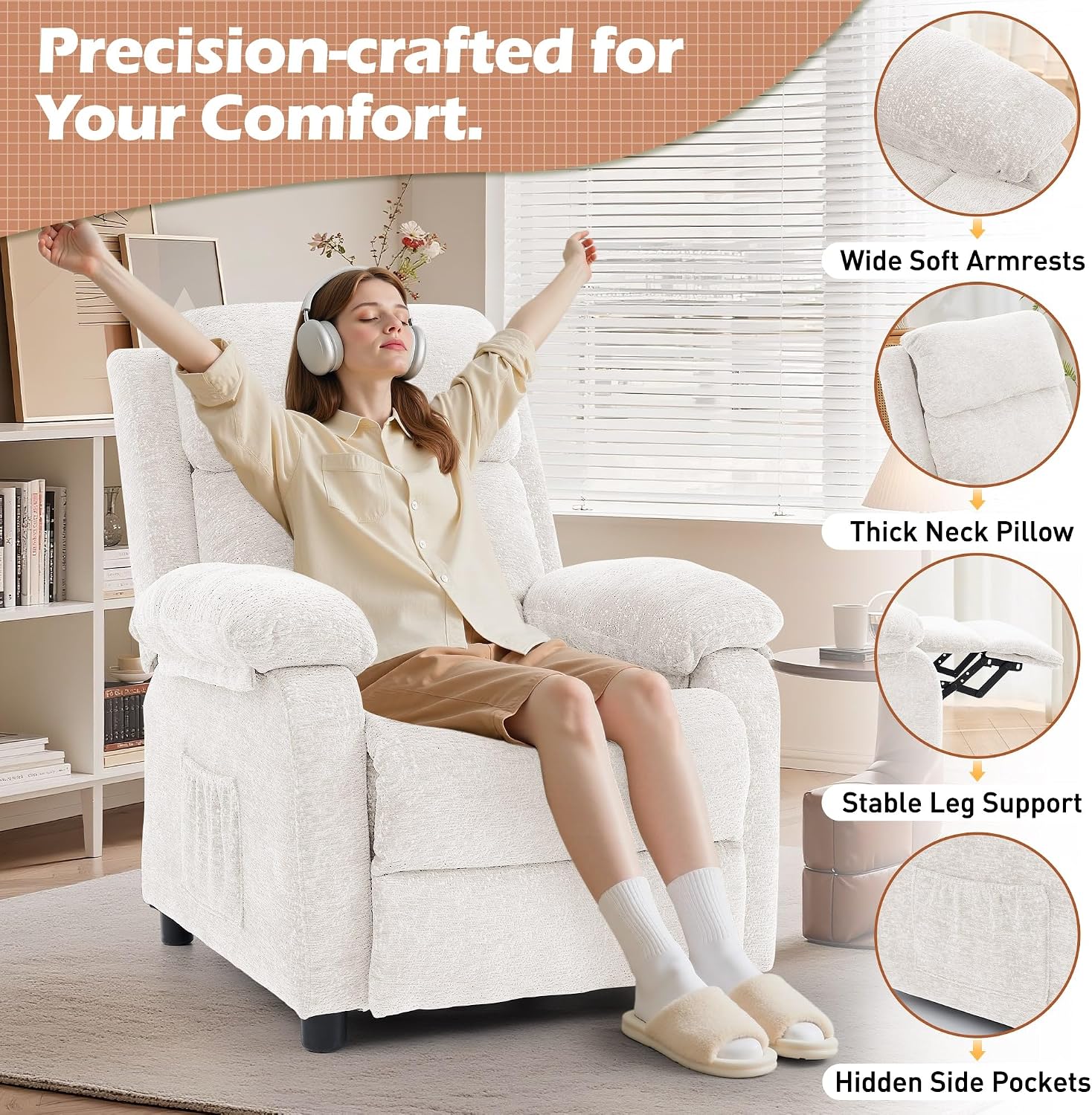 Korser Recliner Chair, Living Room Chairs for Adults, Padded Deep Seat Reading Chair with Side Pockets, Small Recliners for Small Spaces, Lounge Chair for Living Room, Bedroom, and RV (Chenille)