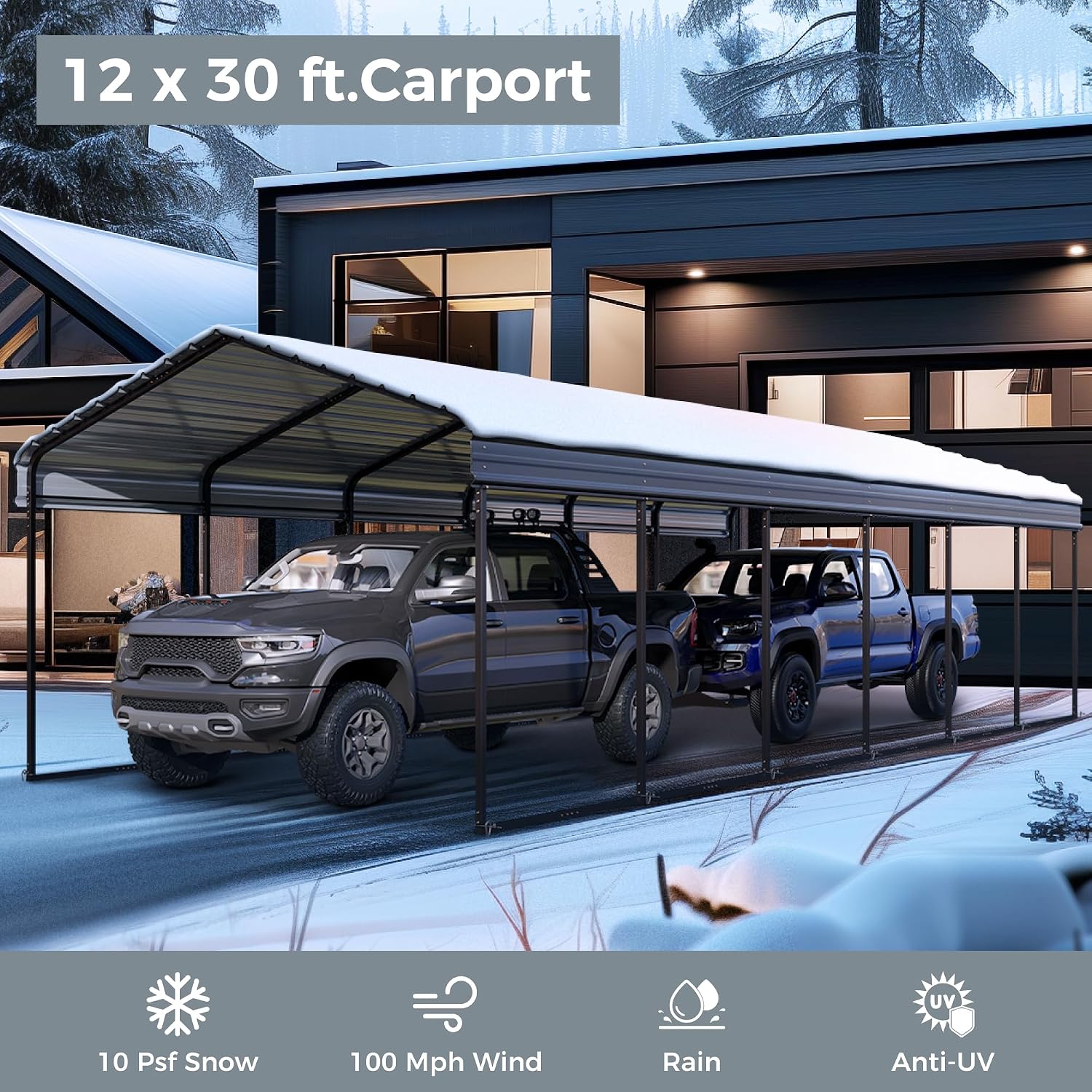 GREEN PARTY 12 x 30 ft Metal Carport Kits with Galvanized Steel Roof, Heavy Duty 2 Car Metal Carport Canopy, Outdoor Car Tent Metal Garage Shelter for Car, SUV, Truck and Boats, Grey