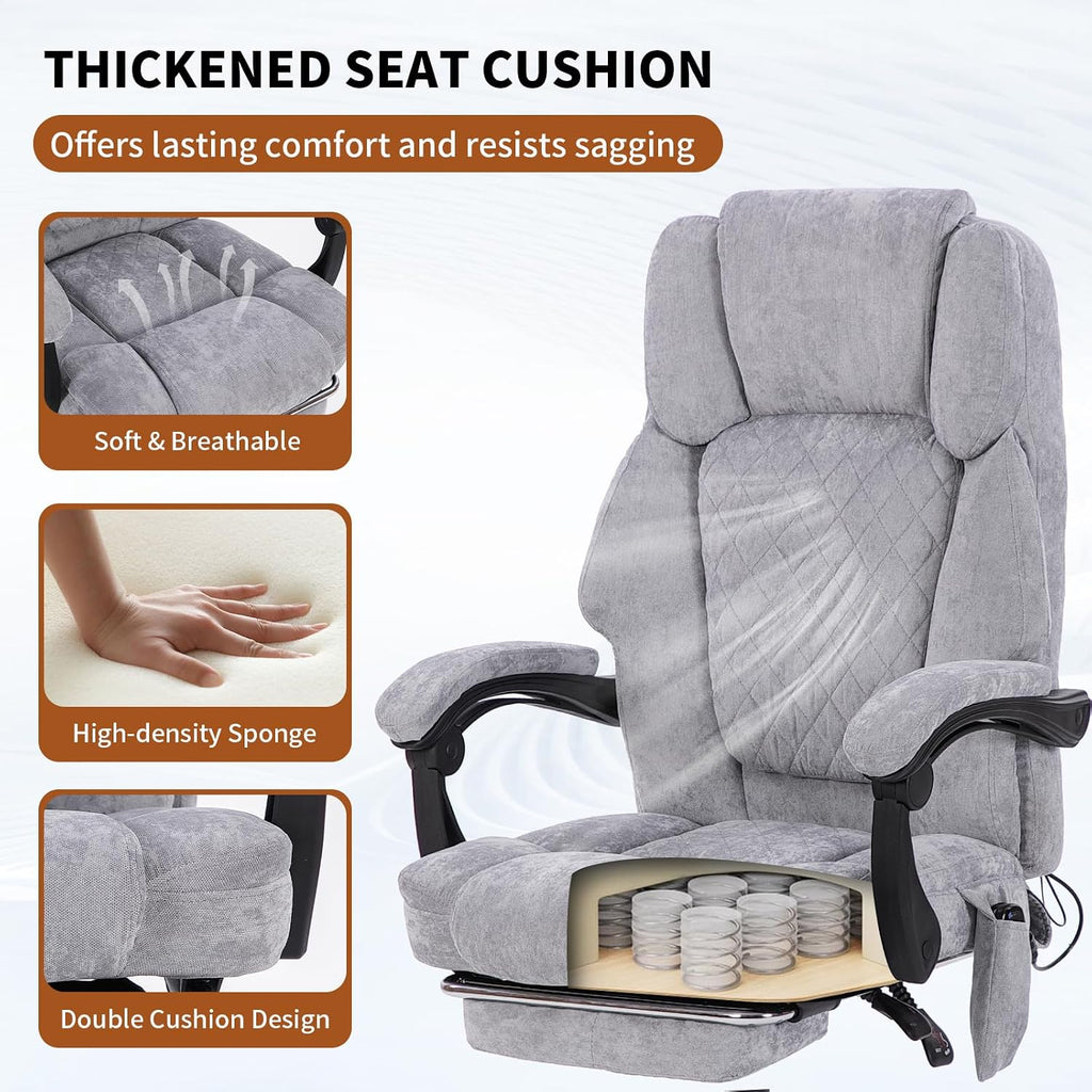 Massage Office Chair with Foot Rest,High Back & Heat 6 Vibration Points, Executive Desk Chair,Big and Tall Office Chair 400lbs, Comfortable Ergonomic Reclining Managerial Chair, Grey