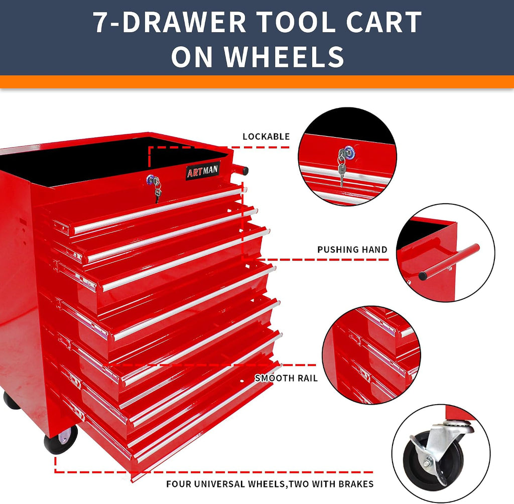 Larmliss 7-Drawer Rolling Tool Cart, Lockable Home Repair Tool Storage Organizer, Tool Box on Wheels,Tool Chest Cabinet for Mechanic, Garage