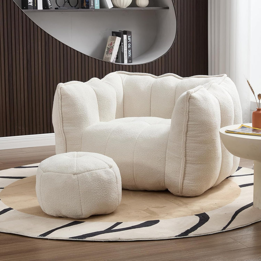 Giant Bean Bag Chair with Ottoman, Oversized Beanbag Chair for Adults, Comfy Floor Sofa Chair with Foam Filler, Pumpkin Lazy Lounger for Living Room, Game Room, Reading Corner, Chenille Beige