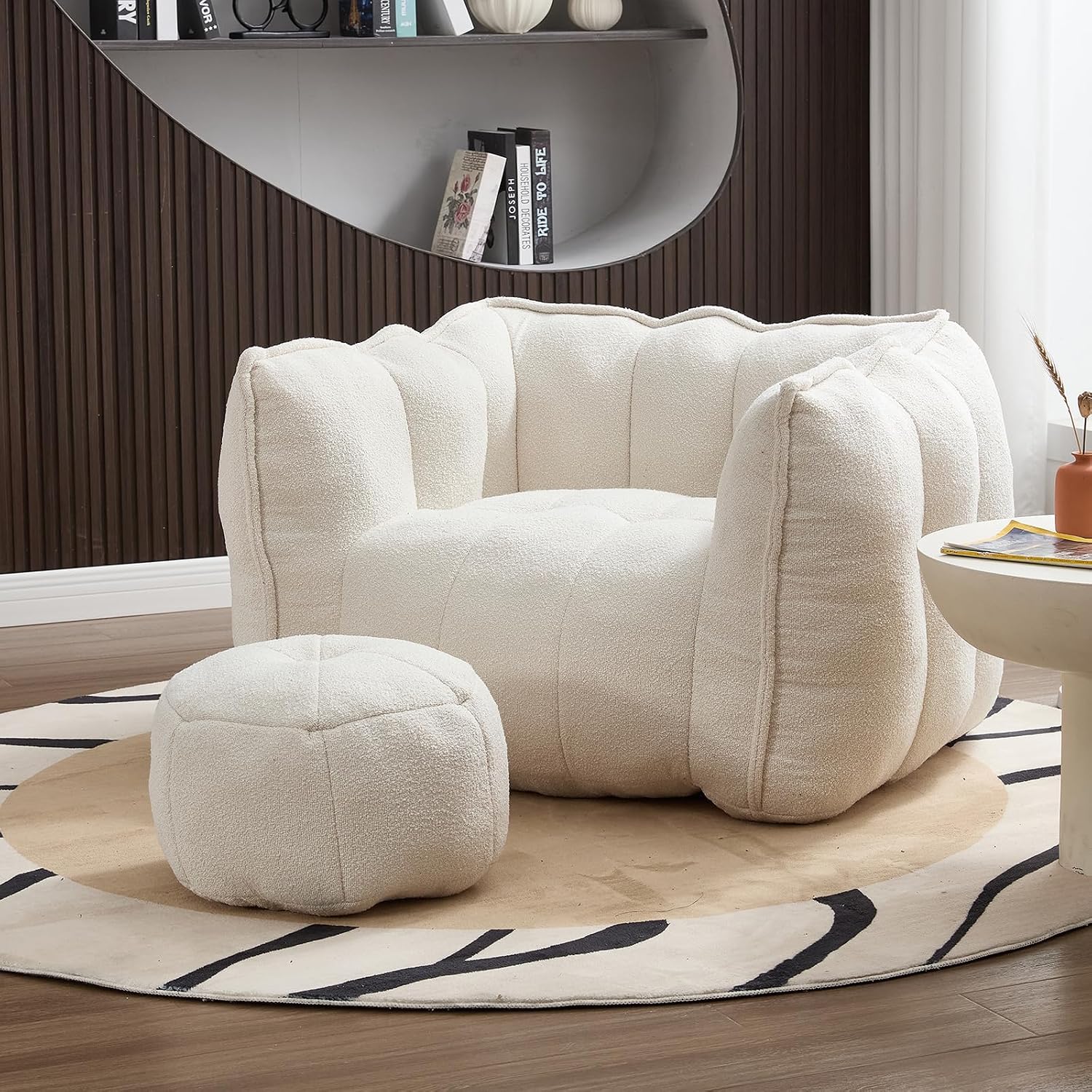Giant Bean Bag Chair with Ottoman, Oversized Beanbag Chair for Adults, Comfy Floor Sofa Chair with Foam Filler, Pumpkin Lazy Lounger for Living Room, Game Room, Reading Corner, Chenille Beige