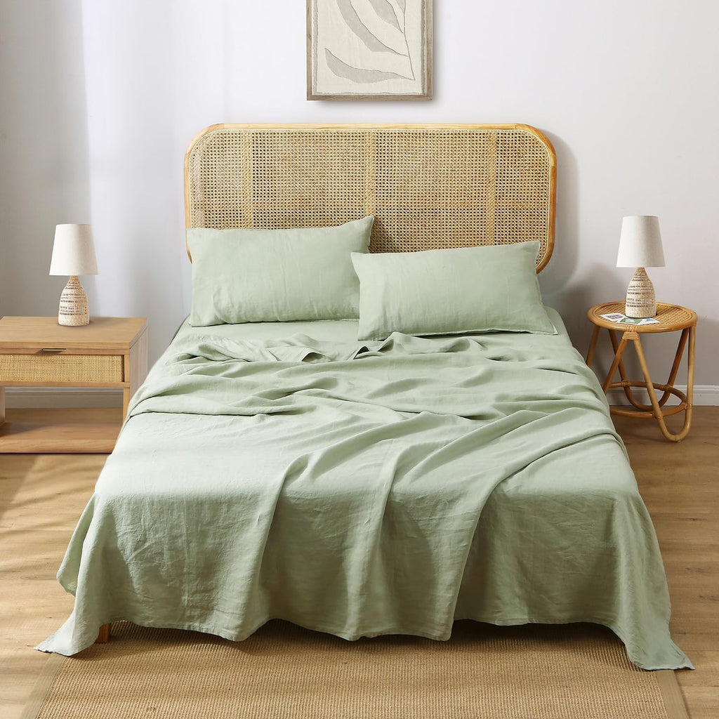 S VICTORY SYMBOL 100% Organic French Natural Linen Bed Sheets,Stone Washed 3 Pieces Sheets Set,Ultra Soft Luxurious Breathable Bedding(Light Green,Twin)