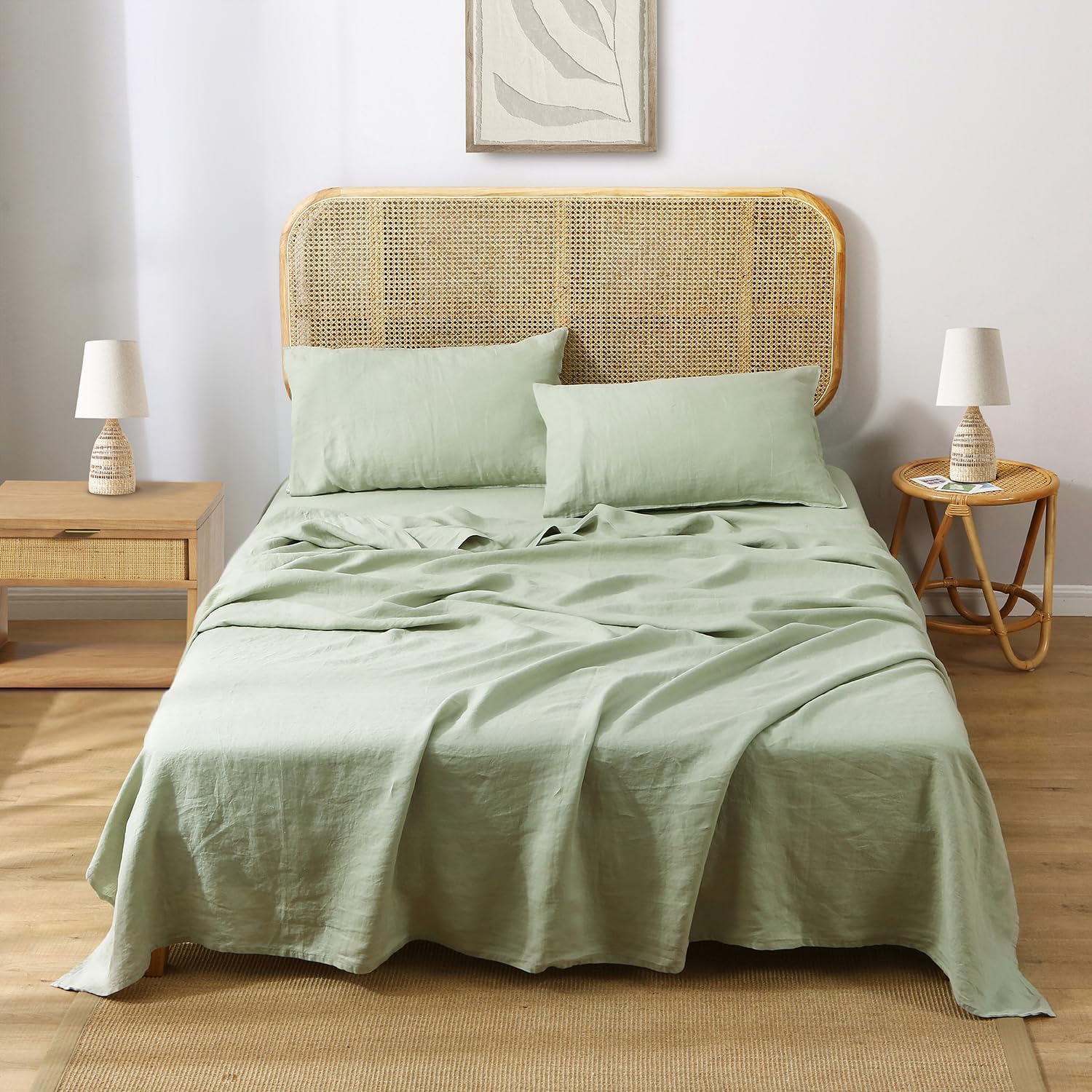 S VICTORY SYMBOL 100% Organic French Natural Linen Bed Sheets,Stone Washed 3 Pieces Sheets Set,Ultra Soft Luxurious Breathable Bedding(Light Green,Twin)